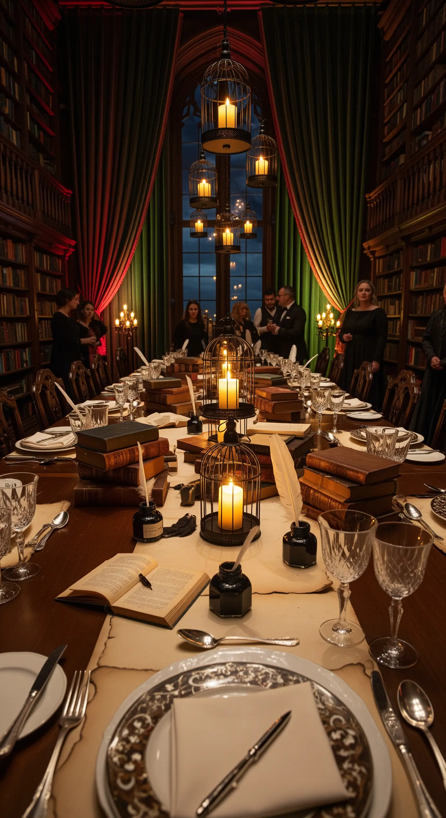 Historische Halloween Tischdeko im Gelehrten-Stil mit Büchern, Laternen und Federn