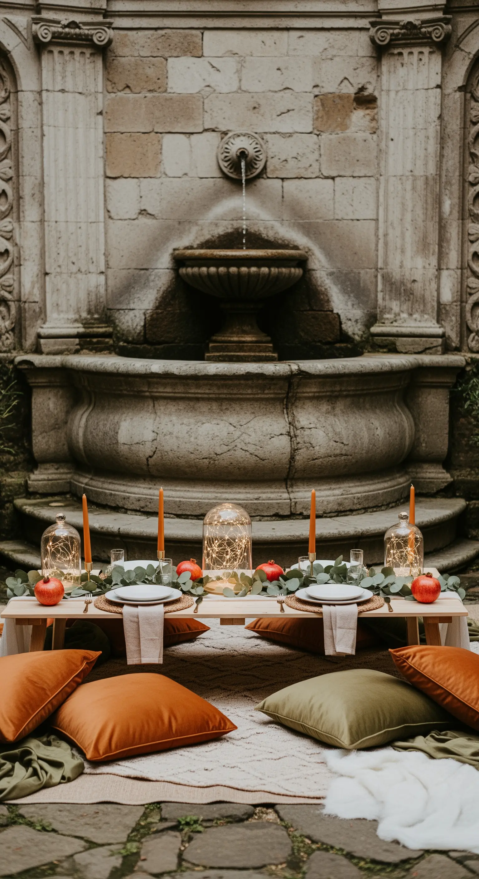 Picknicktisch vor antikem Brunnen mit warmen Kerzenlichtern und herbstlicher Dekoration