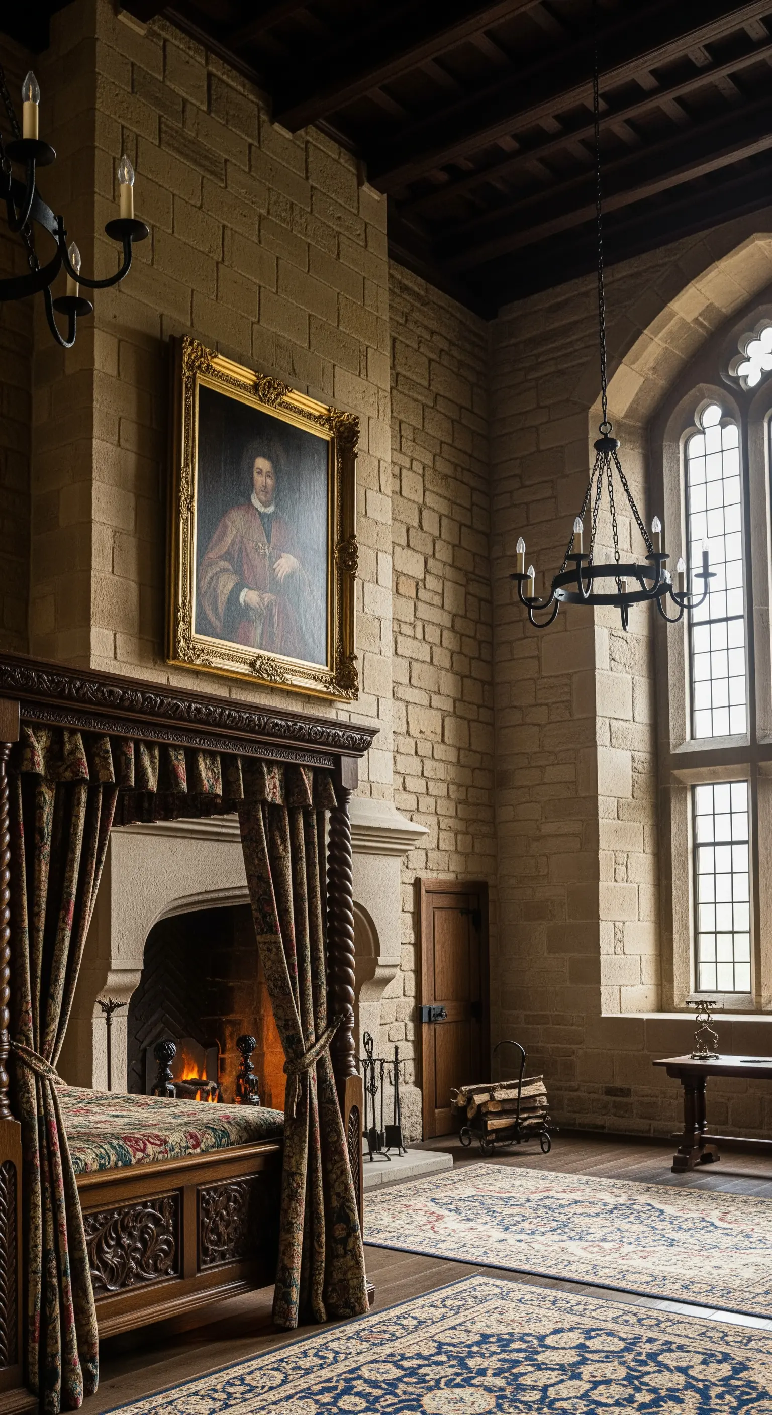 Schloss-Schlafzimmer mit Himmelbett und einem großen historischen Porträt in Goldrahmen.