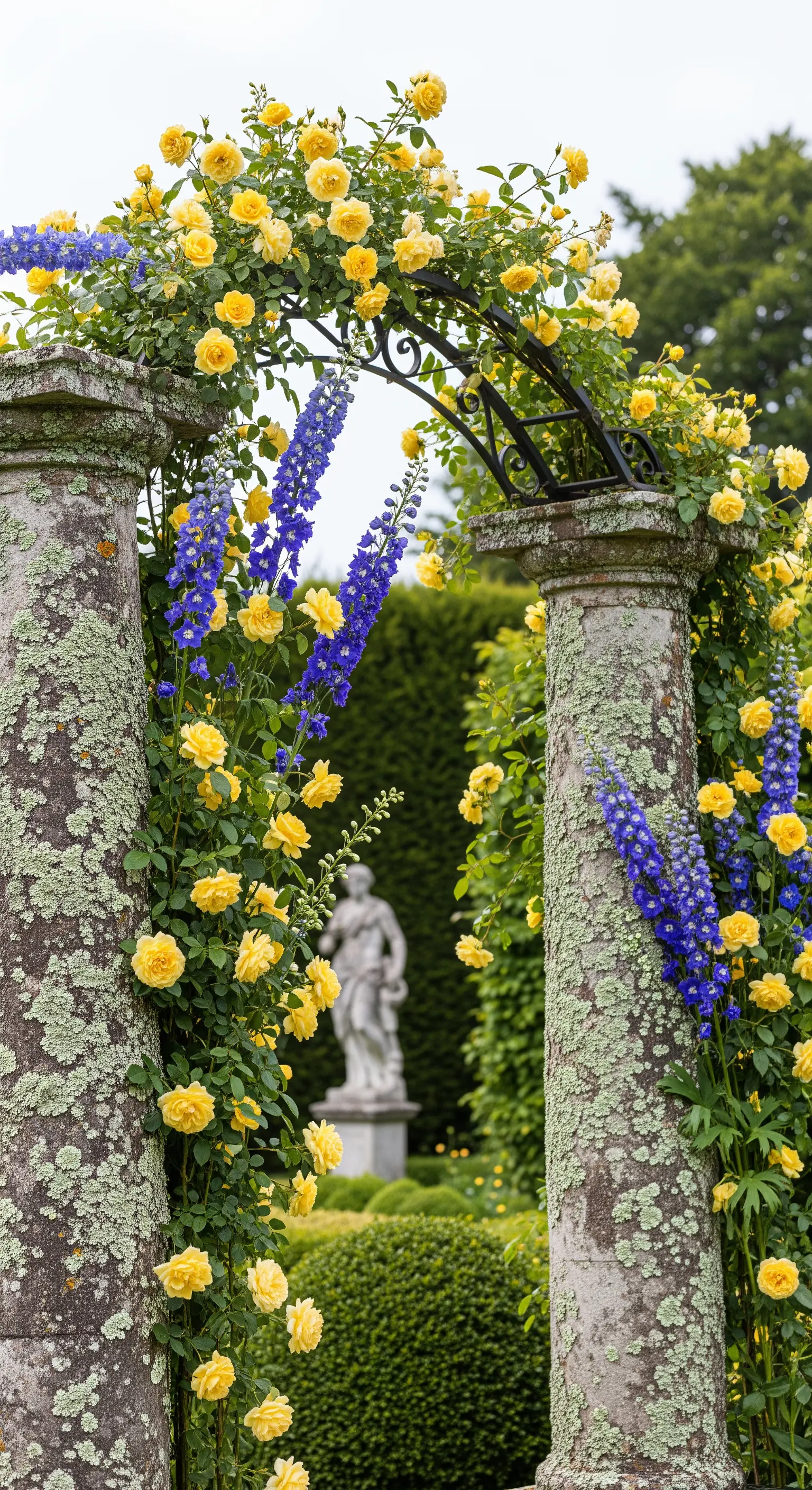 Marmorsäulen mit gelben Kletterrosen und blauem Delphinium, die einen schmiedeeisernen Bogen umrahmen, mit Statue im Hintergrund.