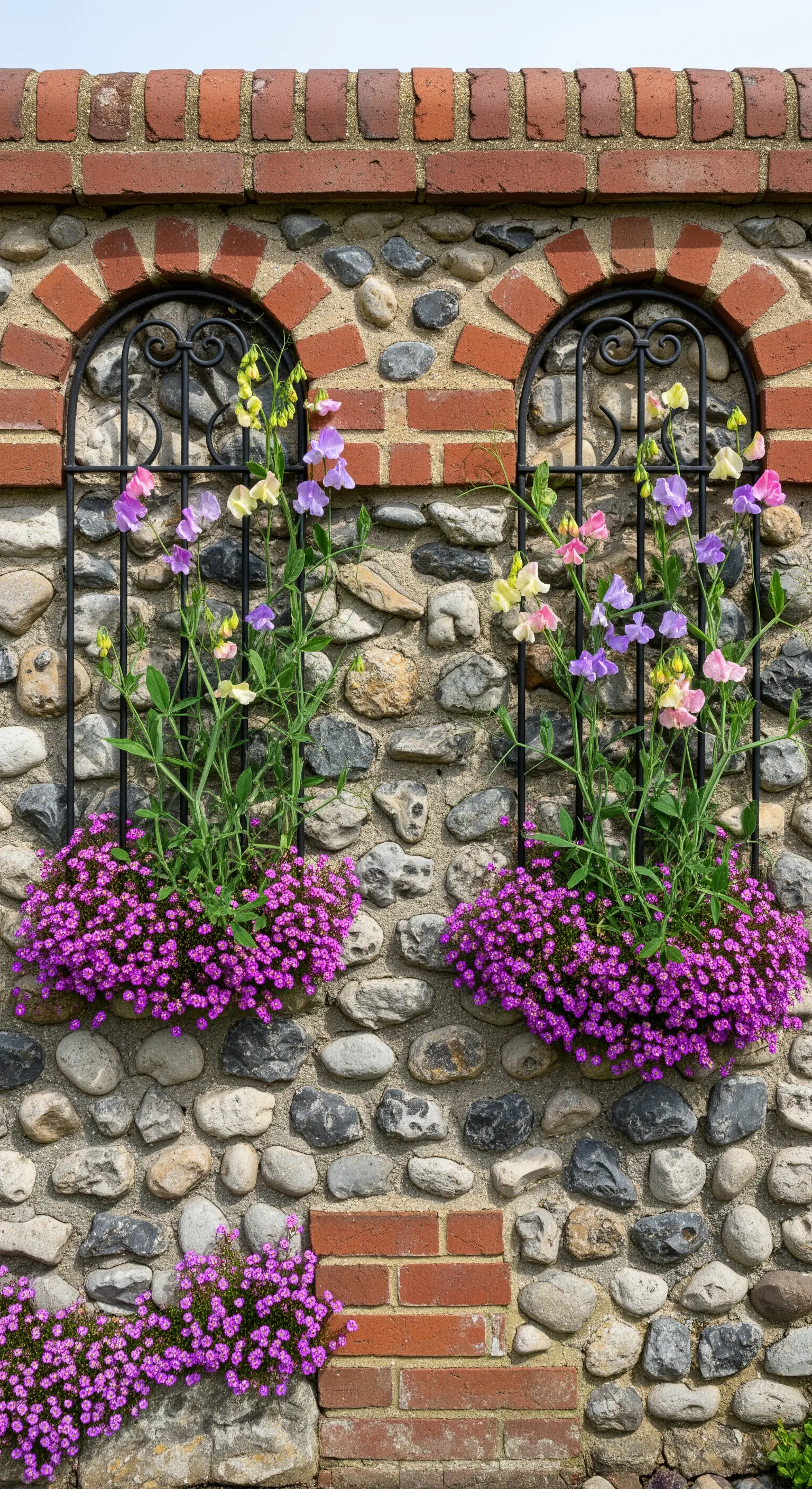 Steinmauer mit schmiedeeisernen Bogenfenstern, Wicken und violettem Bodendecker