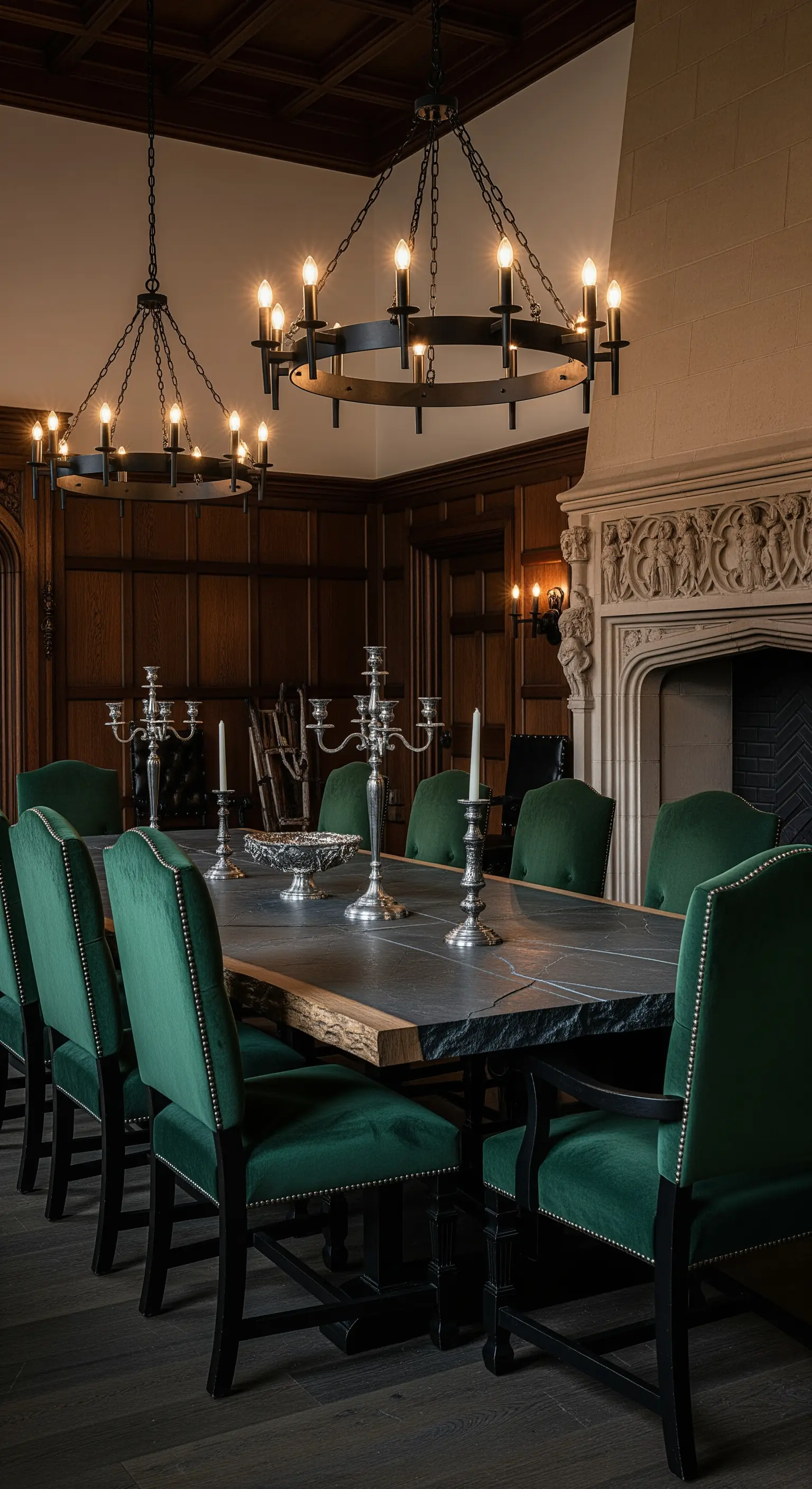 Dunkler Steintisch mit smaragdgrünen Samtstühlen in holzvertäfeltem Raum.