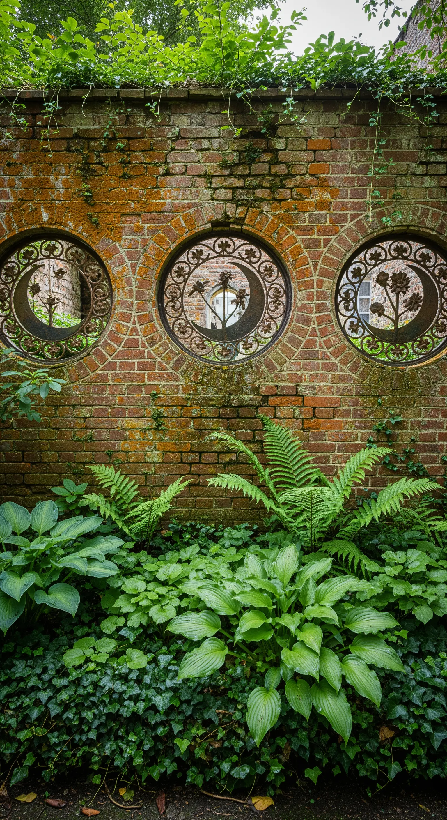 Ziegelmauer mit runden Schmiedeeisen-Gittern, Farnen und Funkien