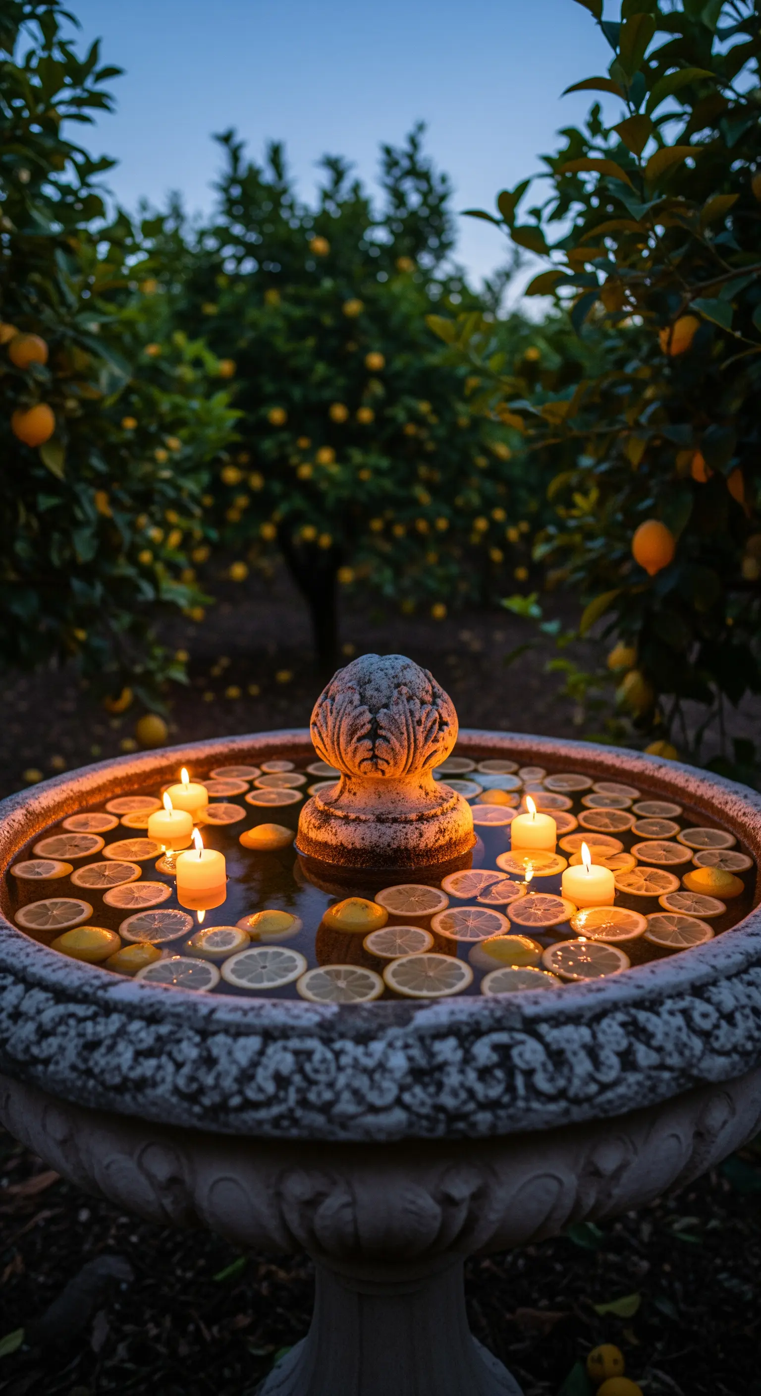 Historischer Steinbrunnen gefüllt mit Zitronenscheiben und schwimmenden Kerzenlichtern
