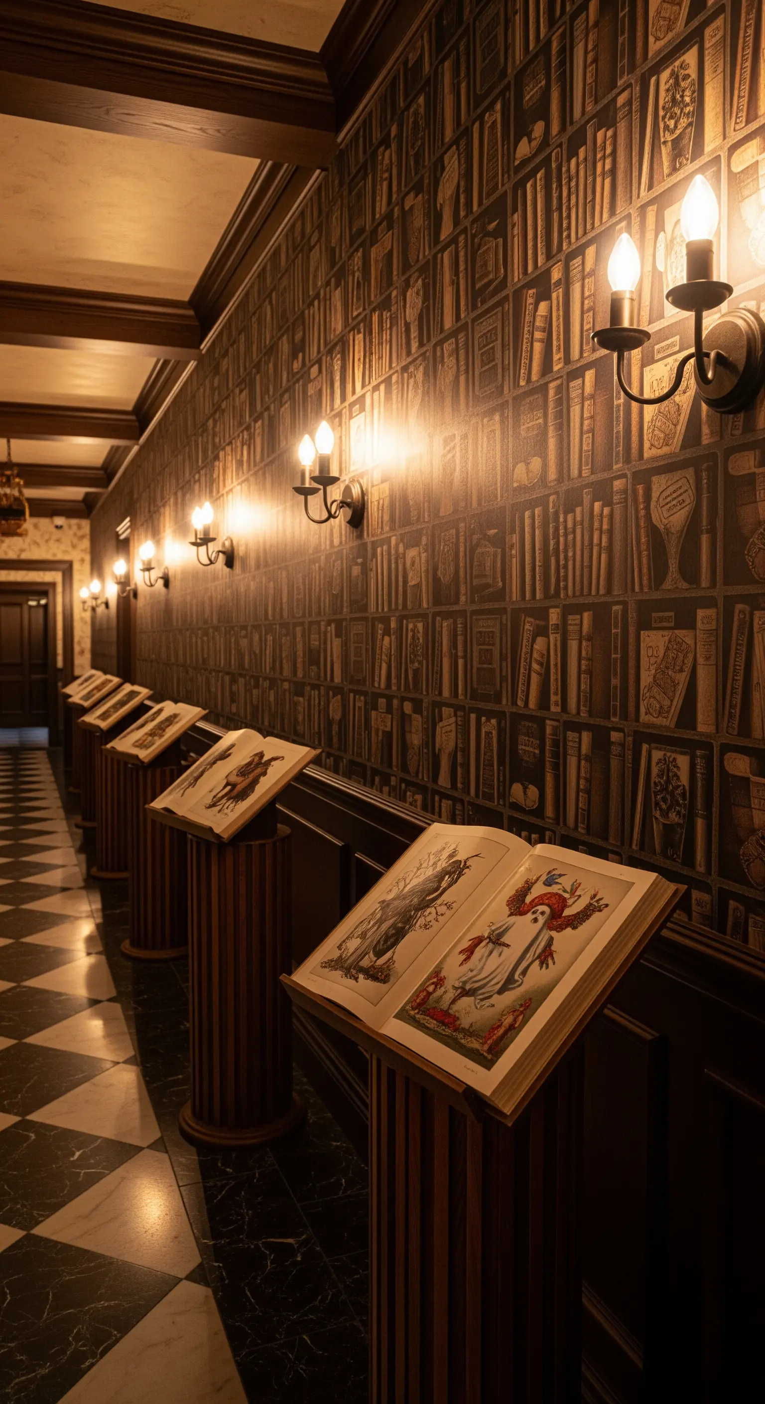 Flur, Bücher-Tapete, Wandleuchten, Lesepulte, historische Deko.