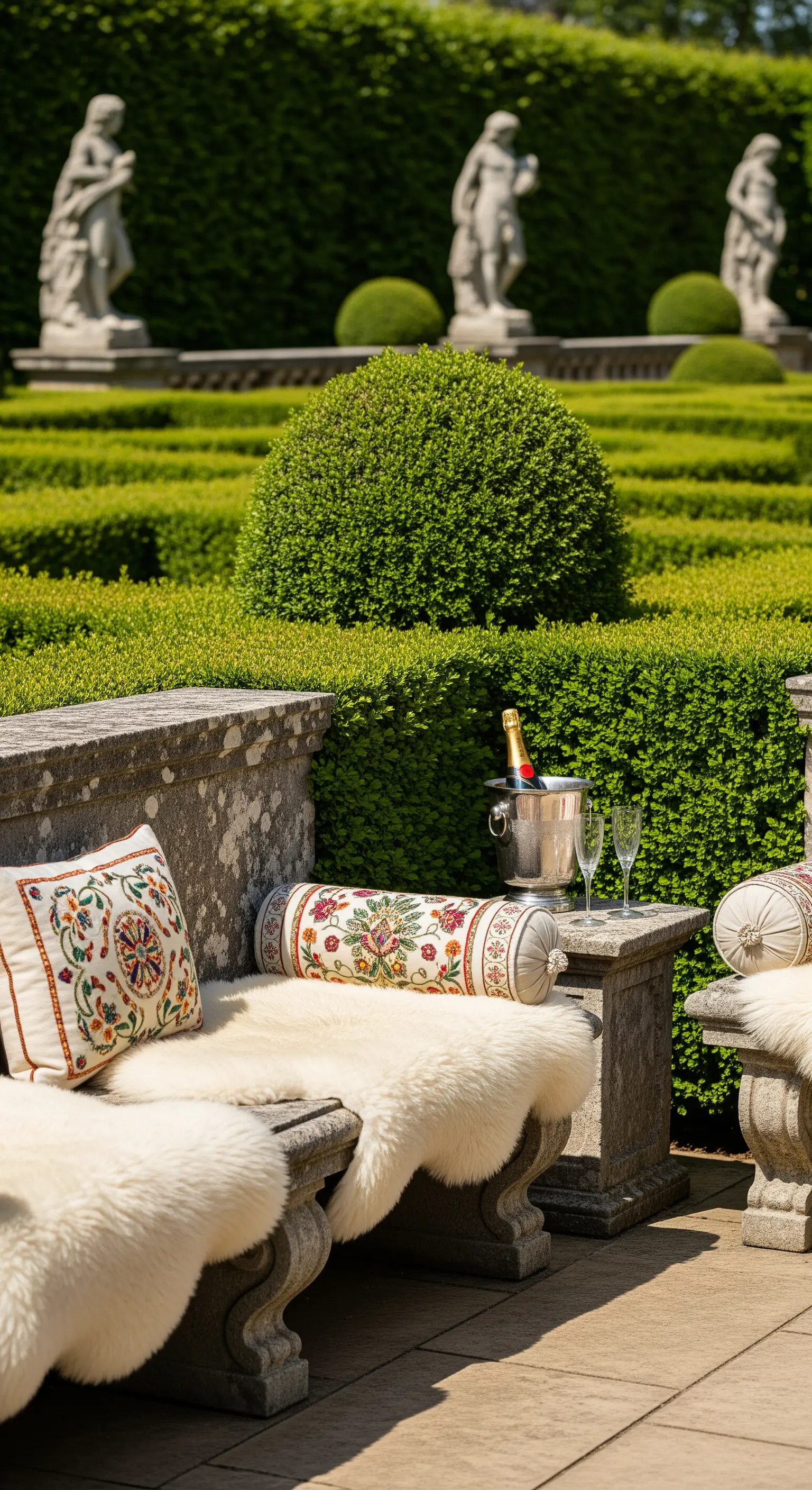 Steinbank mit Schaffell und bestickten Kissen in formalem Heckengarten.