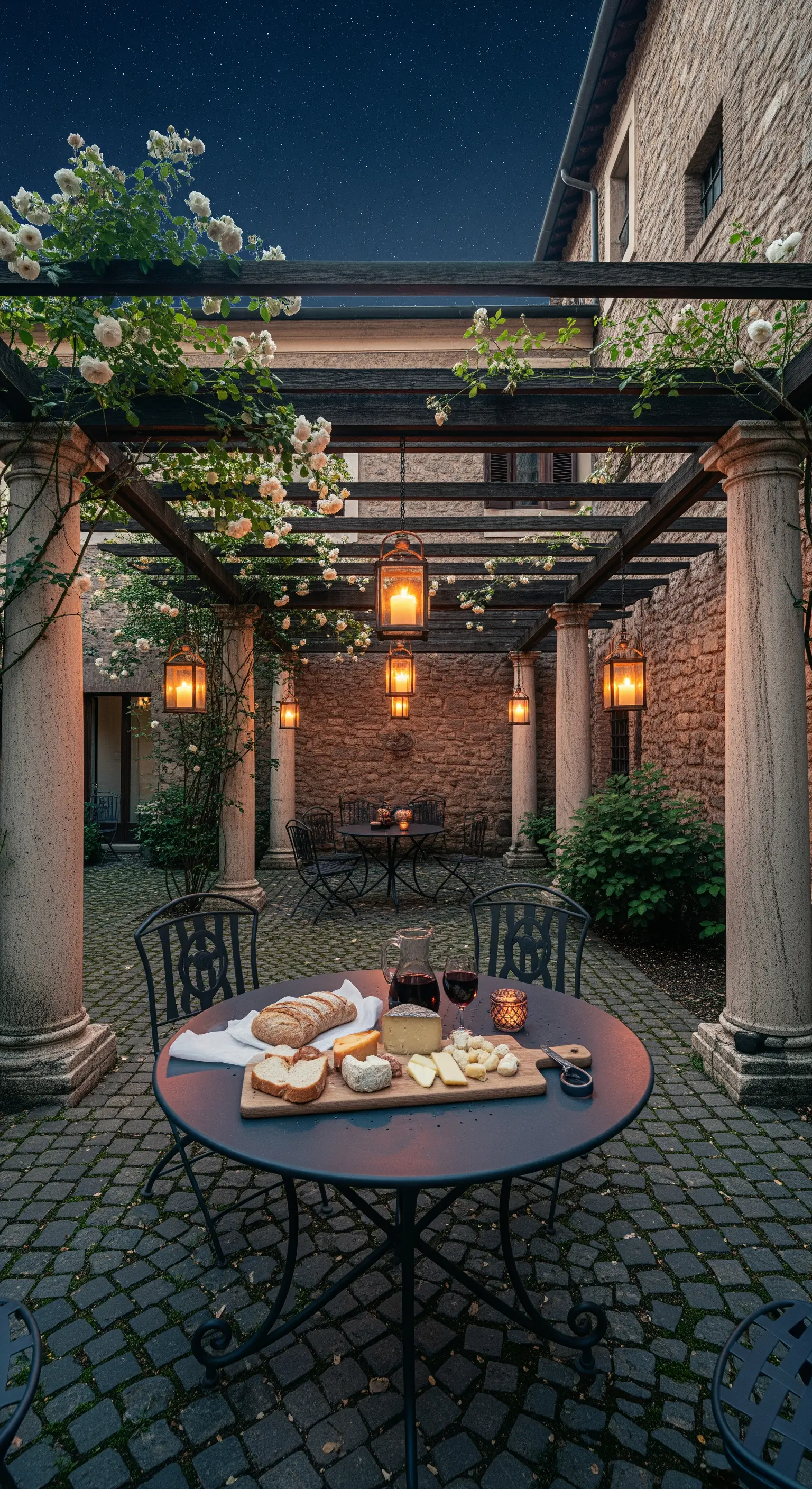 Innenhof mit Steinsäulen, Rosen-Pergola, Laternen, Käseplatte, Wein