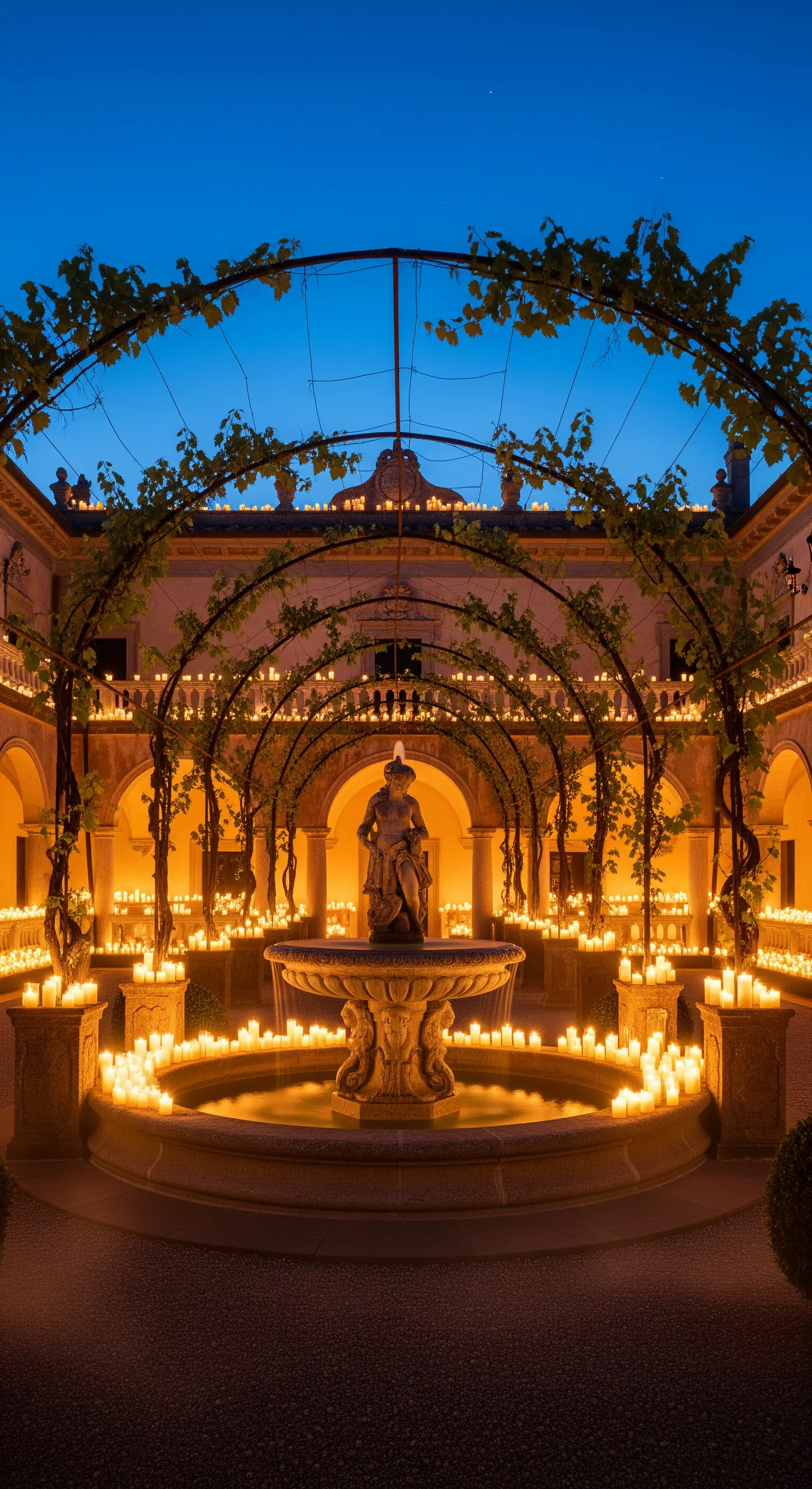 Historischer Innenhof mit zentralem Brunnen und zahlreichen Kerzen in Arkaden
