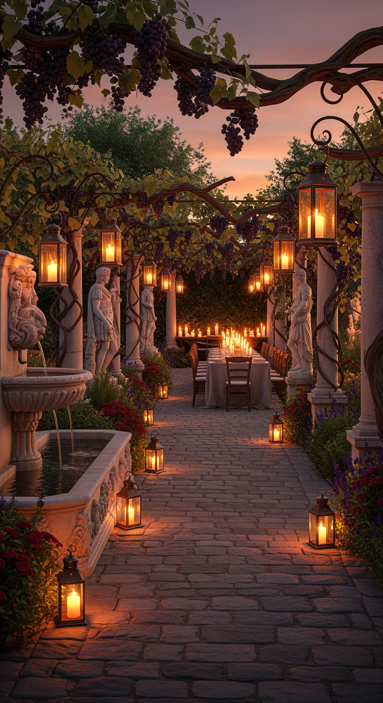 Gepflasterter Weg unter Weinlaube, Laternen, Statuen und Brunnen am Abend