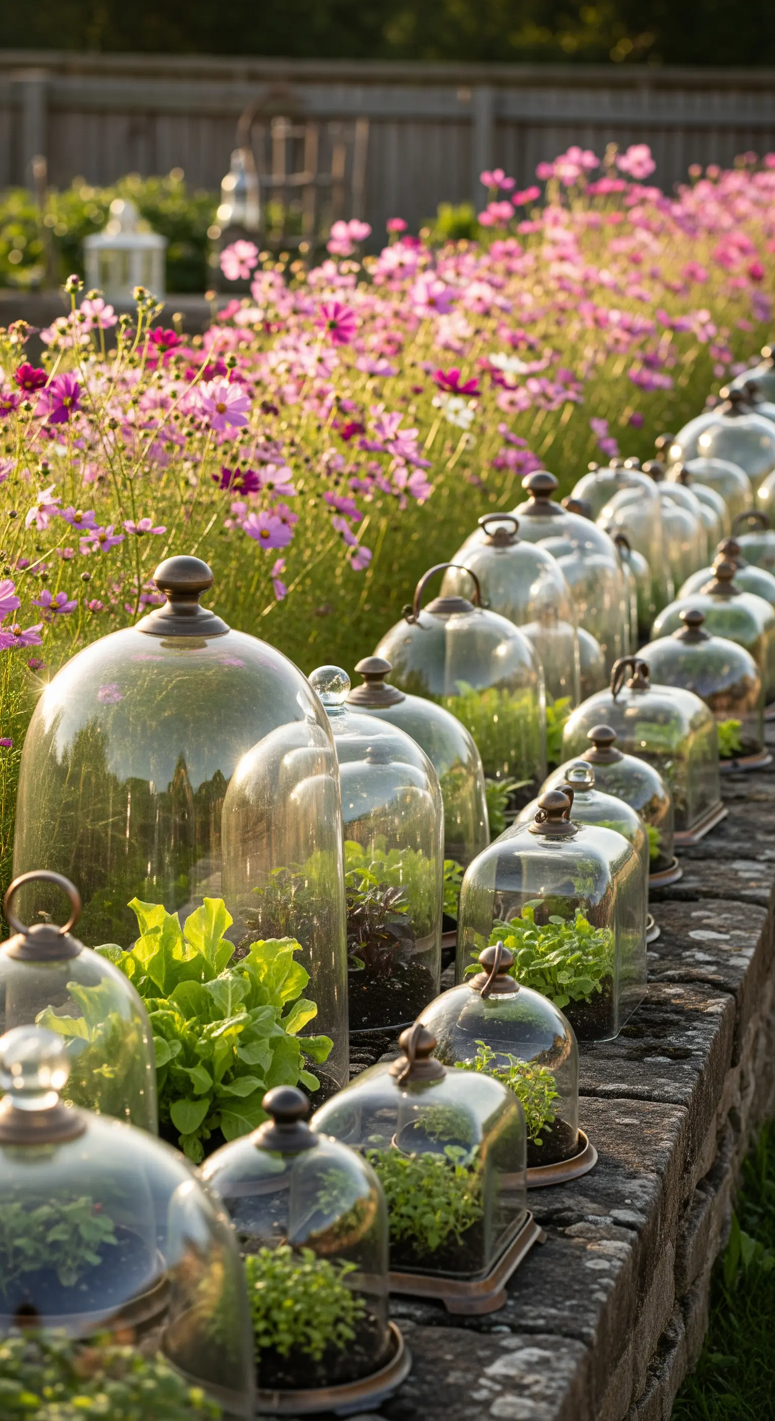 Reihen von Kräutern und Setzlingen unter Glasglocken auf einer Steinmauer.