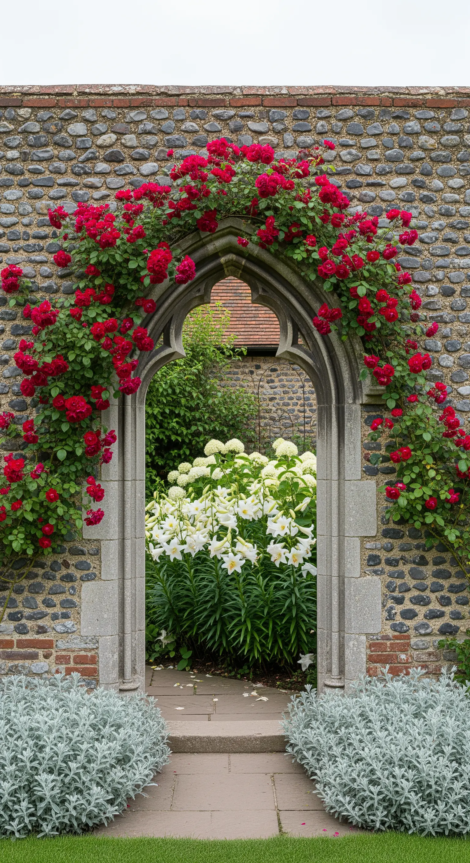 Steintorbogen, rote Kletterrosen, historischer Garten