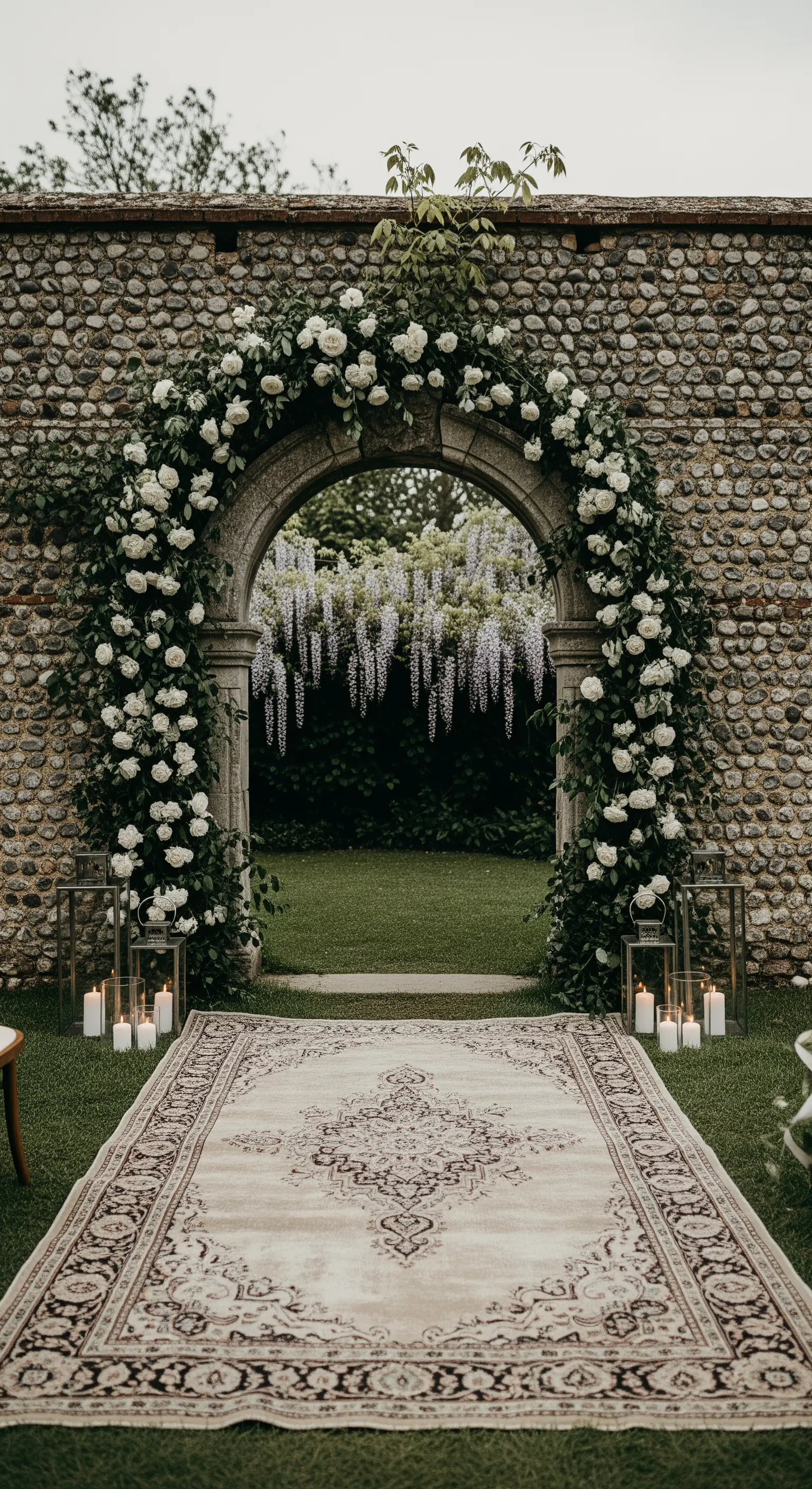 Rustikaler Steinbogen umrankt von Efeu und weißen Rosen, mit Laternen und Kerzen am Boden, Teppich führt hindurch.