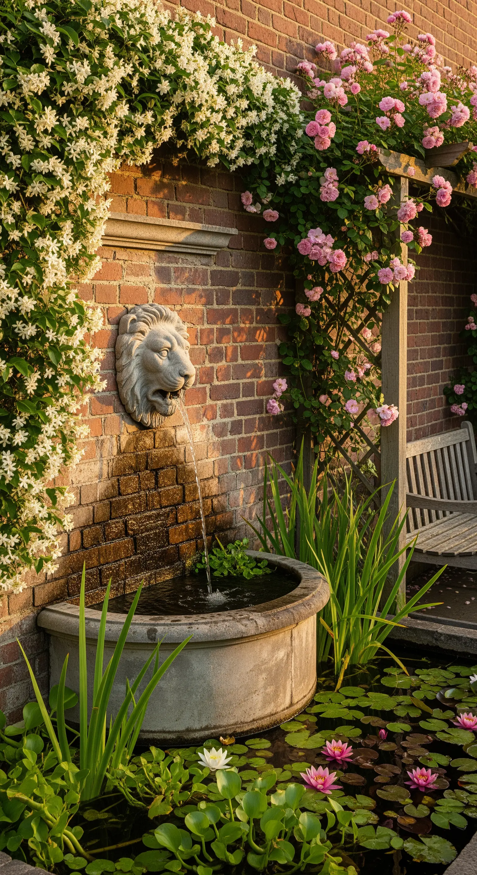 Löwenkopf-Wandbrunnen an Backsteinmauer, umrankt von rosa Rosen und Jasmin