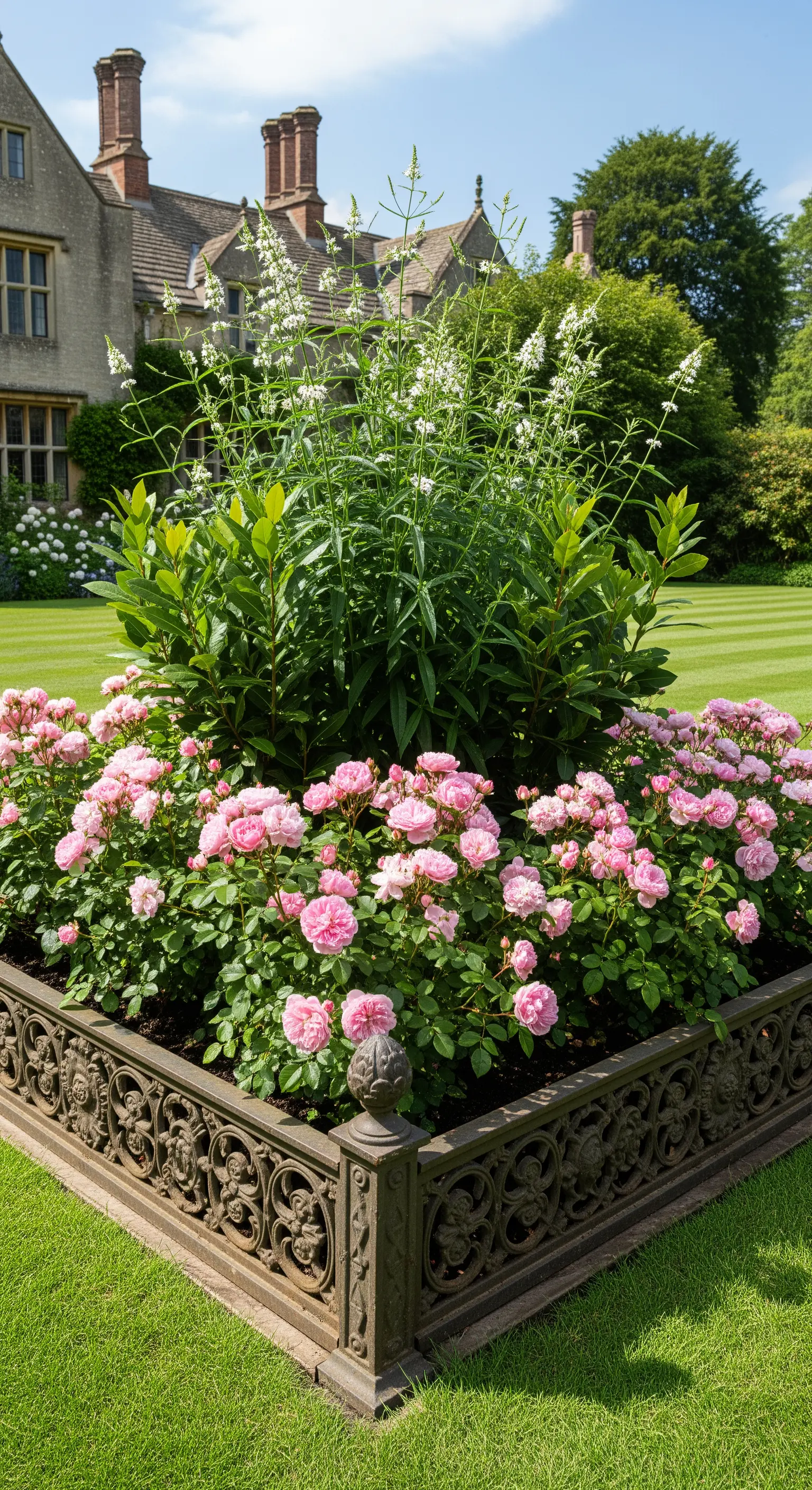 Gusseisen-Hochbeet, pinke Rosen, hohe Staude, historischer Garten.
