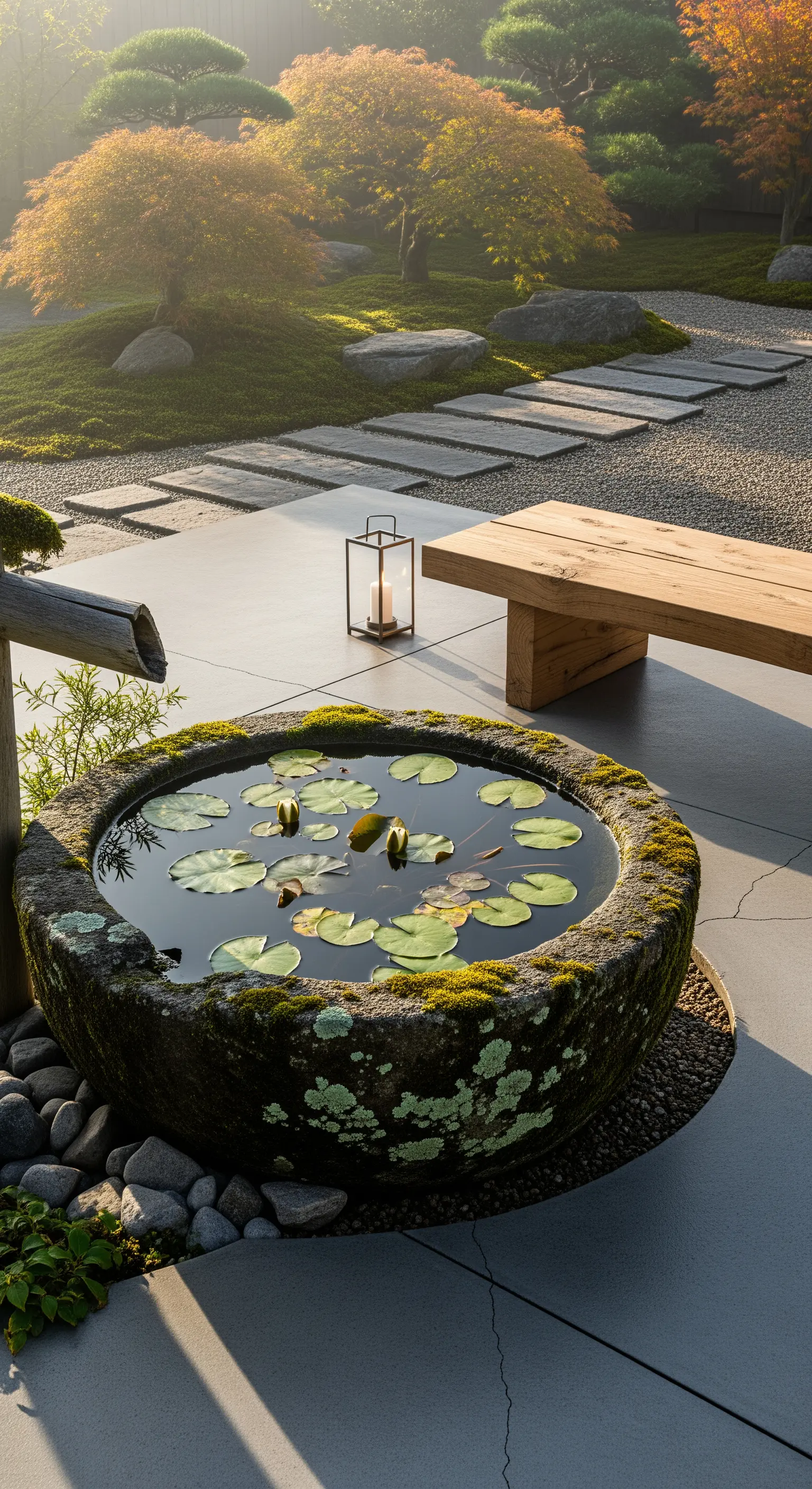 Steinbecken, Seerosen, Holzbank, Laterne, Kiesgarten
