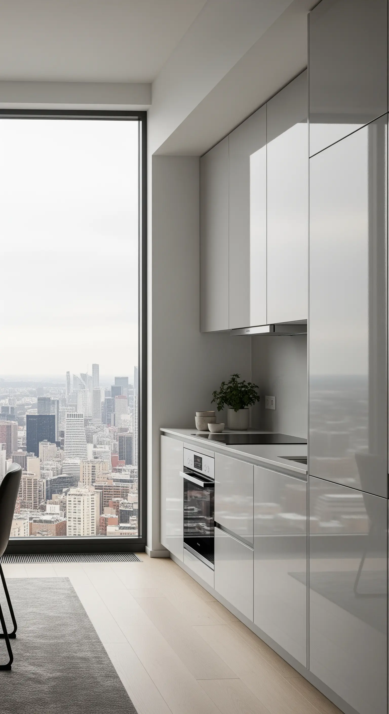 Hochglanz-Küche in einem Apartment mit Panoramablick auf die Stadt