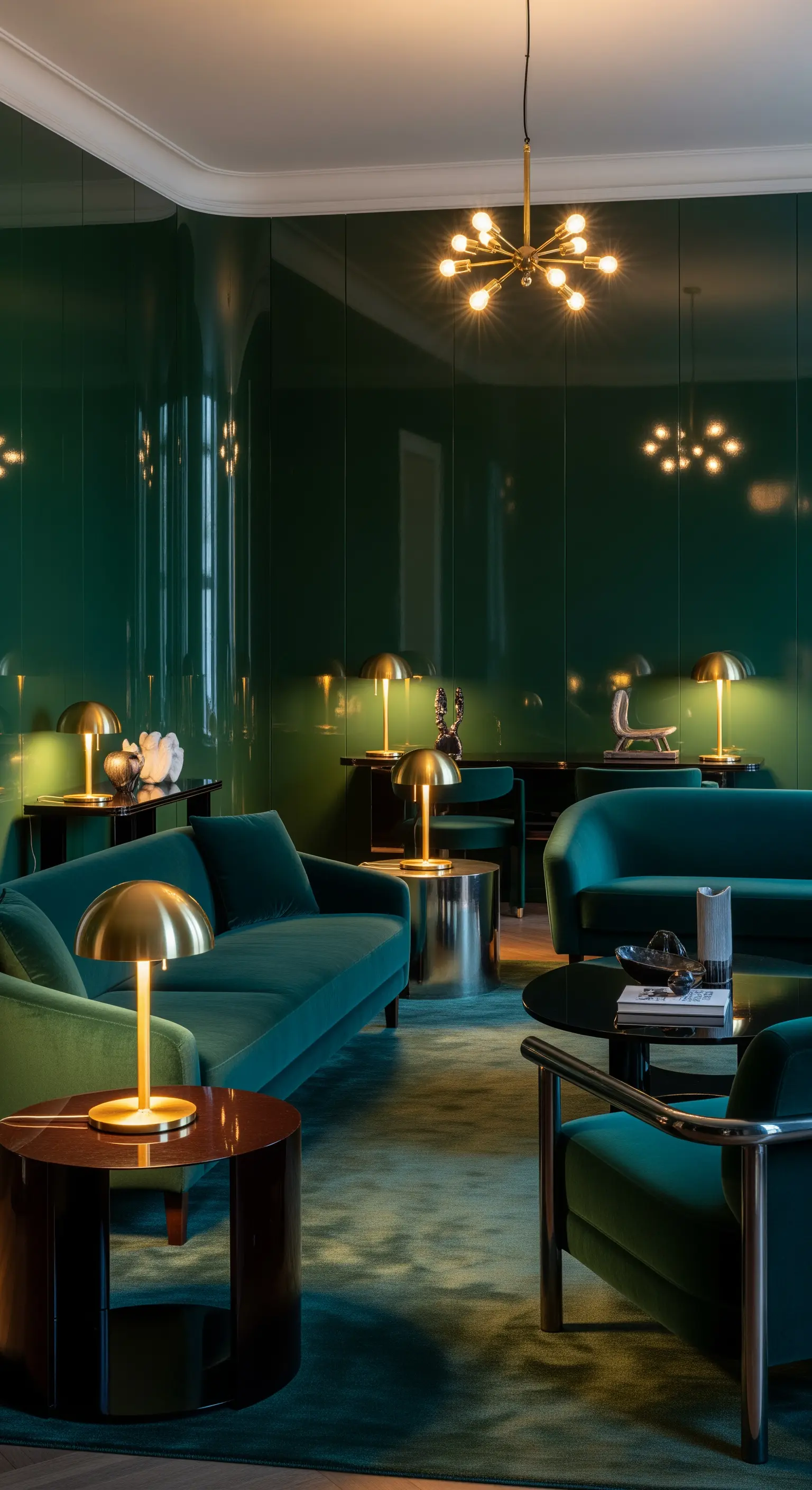 Smaragdgrüne Hochglanzwände, Messing-Tischlampen, grüne Samtsofas und Sessel