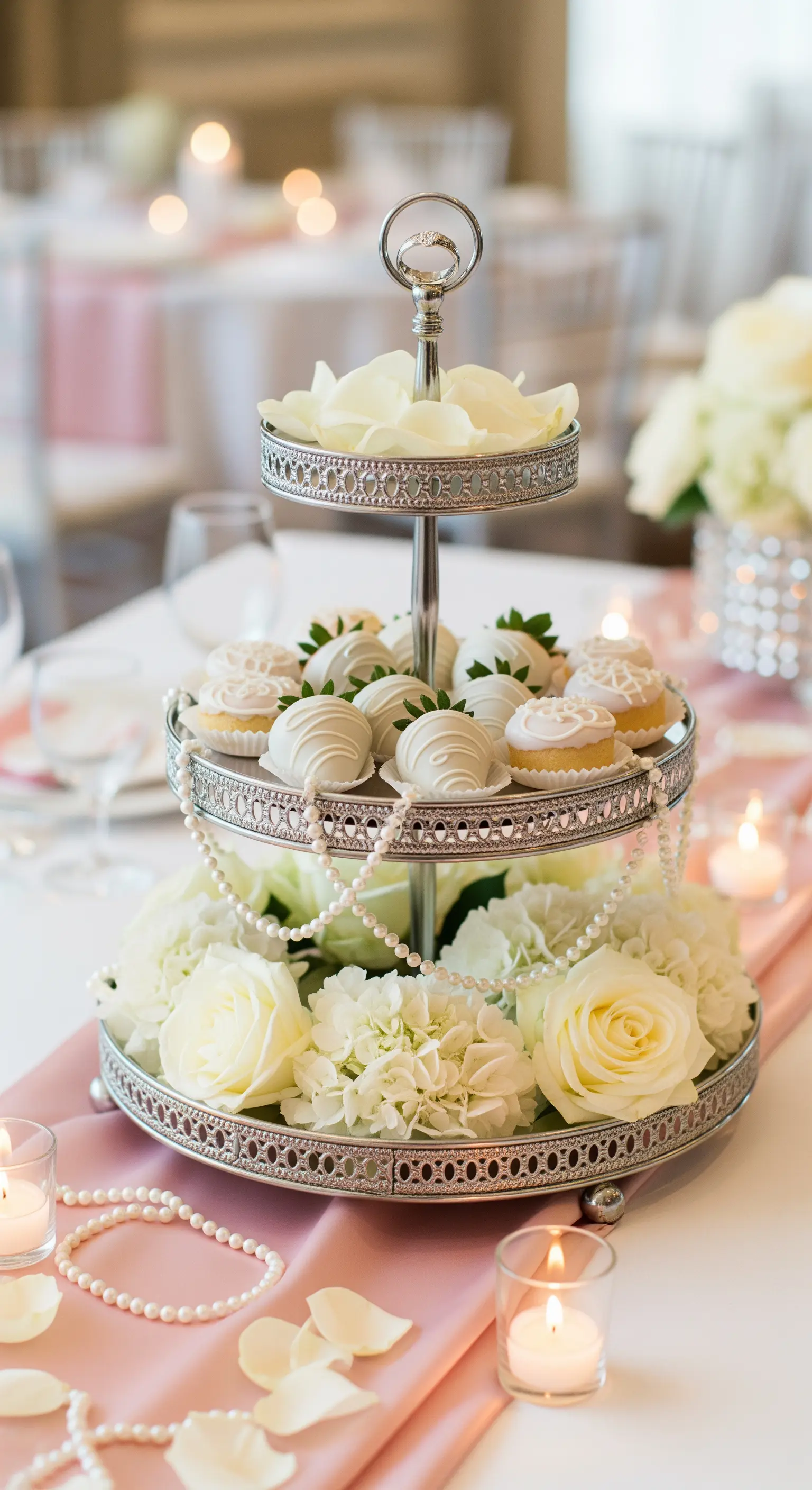 Elegante Hochzeits-Etagere in Silber und Weiß mit Rosen und Perlen.