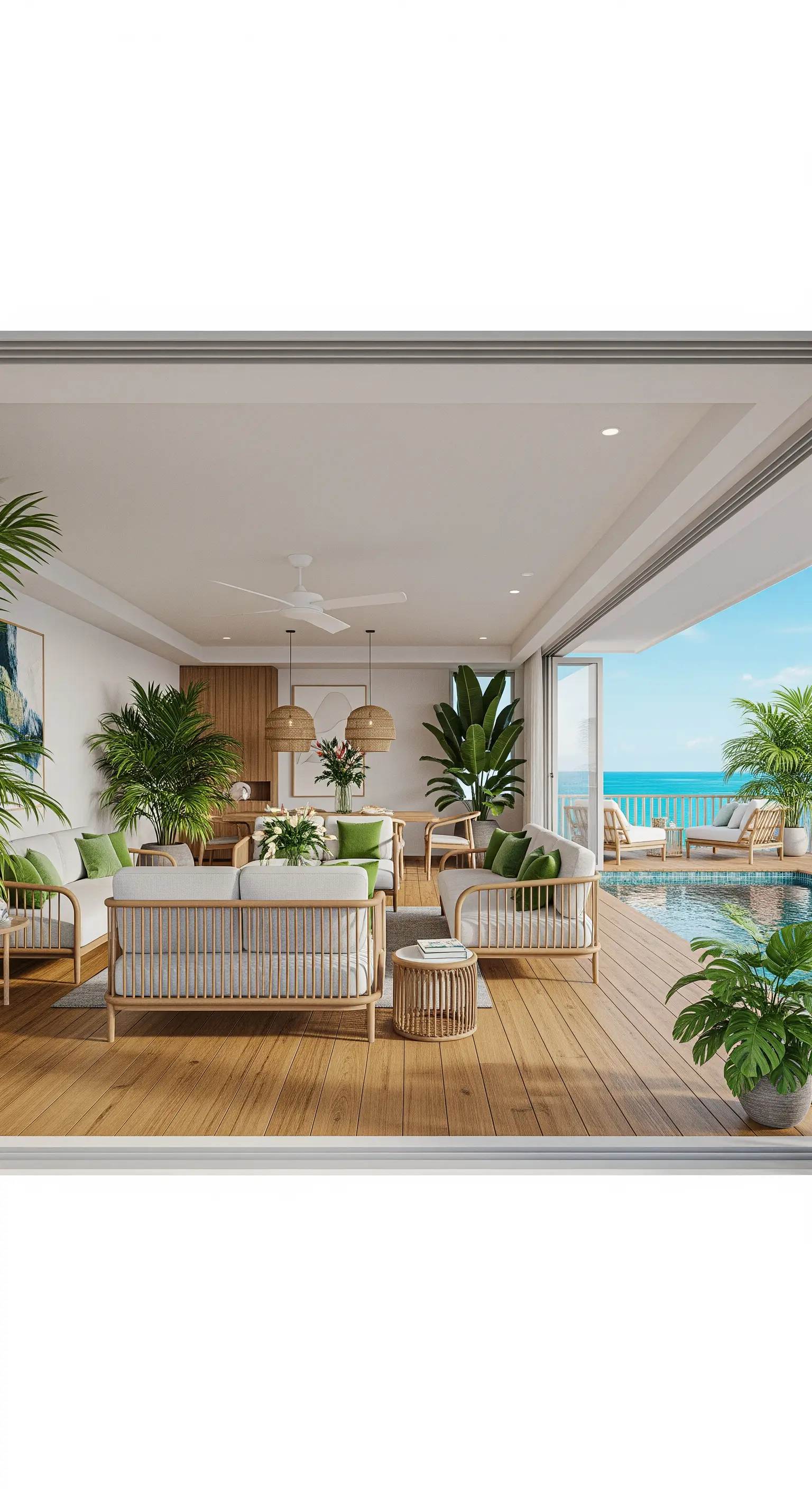 Offenes Wohnzimmer mit Holzmöbeln und tropischen Pflanzen, das auf eine Poolterrasse führt.