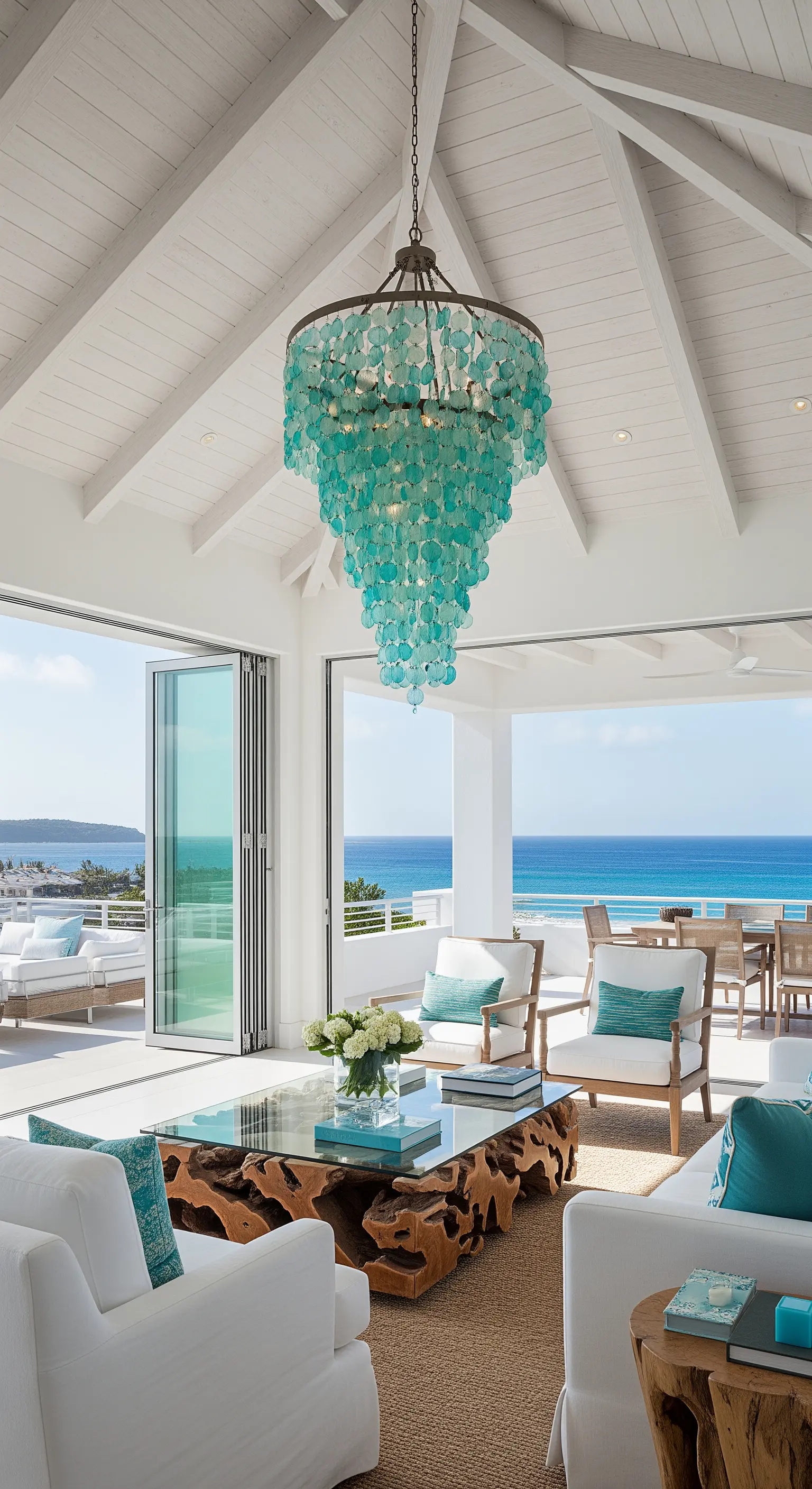 Türkiser Glas-Kronleuchter in einem weißen Strandhaus-Wohnzimmer mit Blick auf das Meer.
