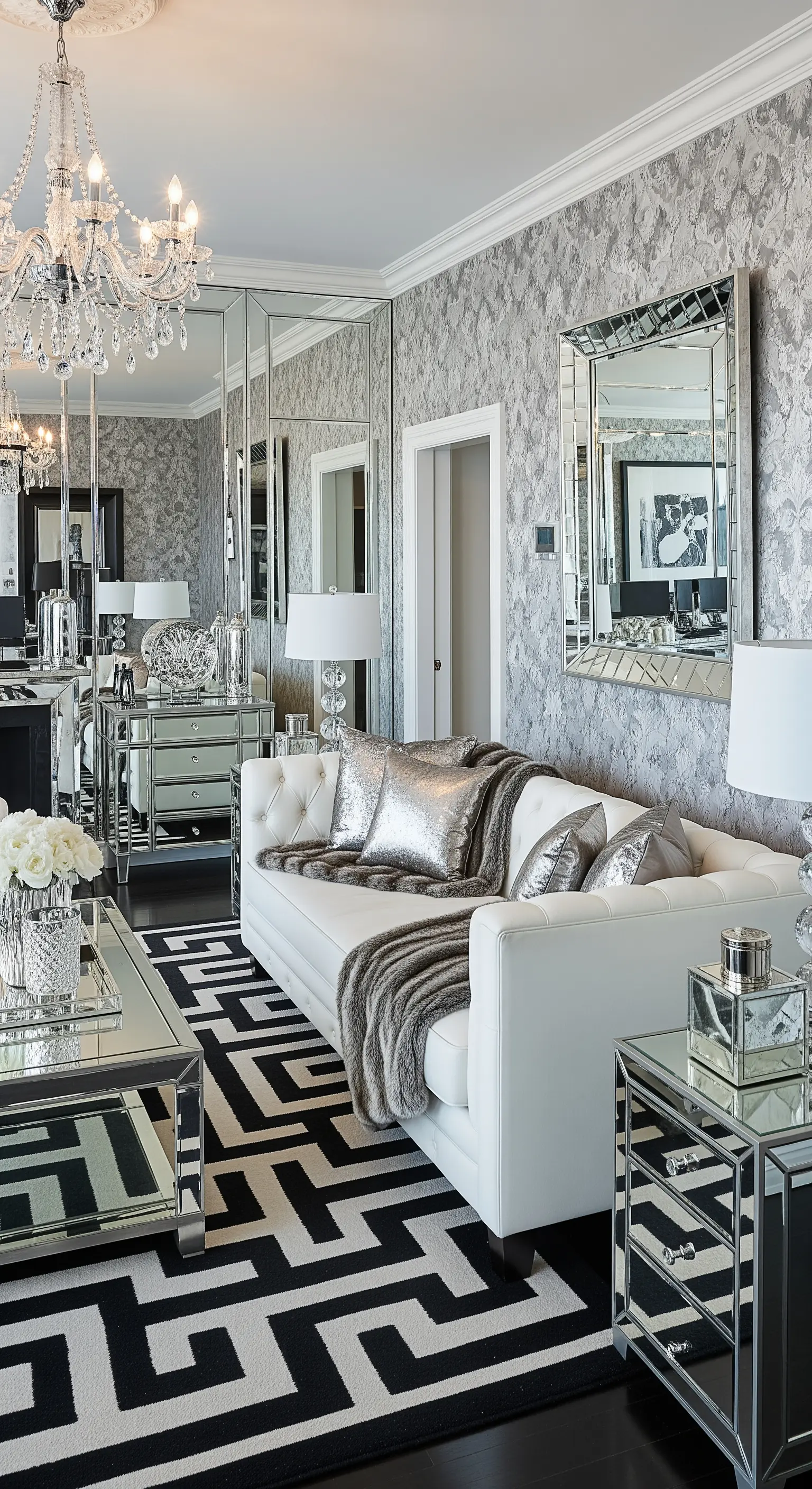 Glamouröses Wohnzimmer mit Spiegelmöbeln, Silbertapete und Schwarz-Weiß-Teppich.