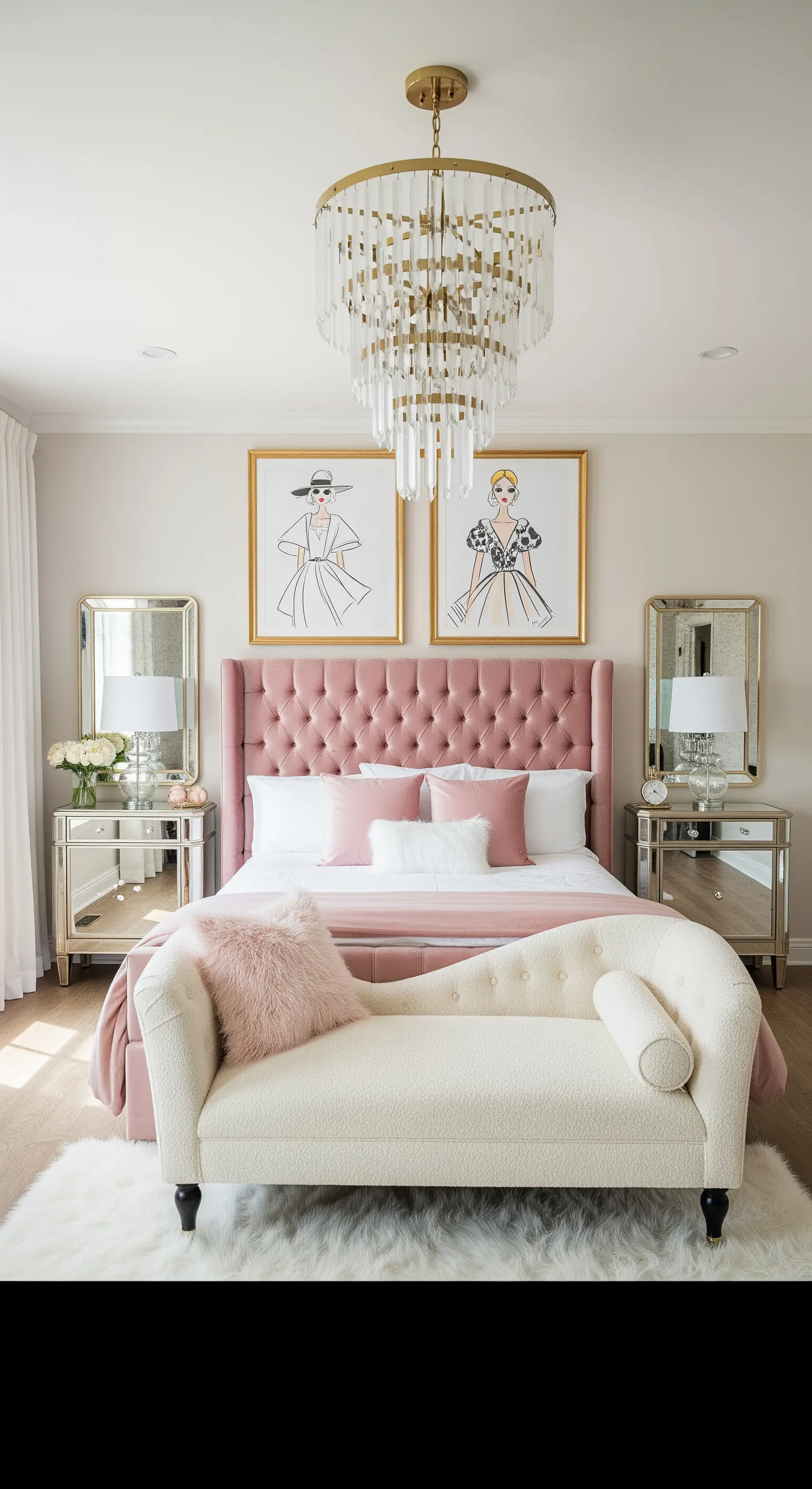 Glamouröses Schlafzimmer in Rosa und Gold mit Modeillustrationen und Kristalllüster.