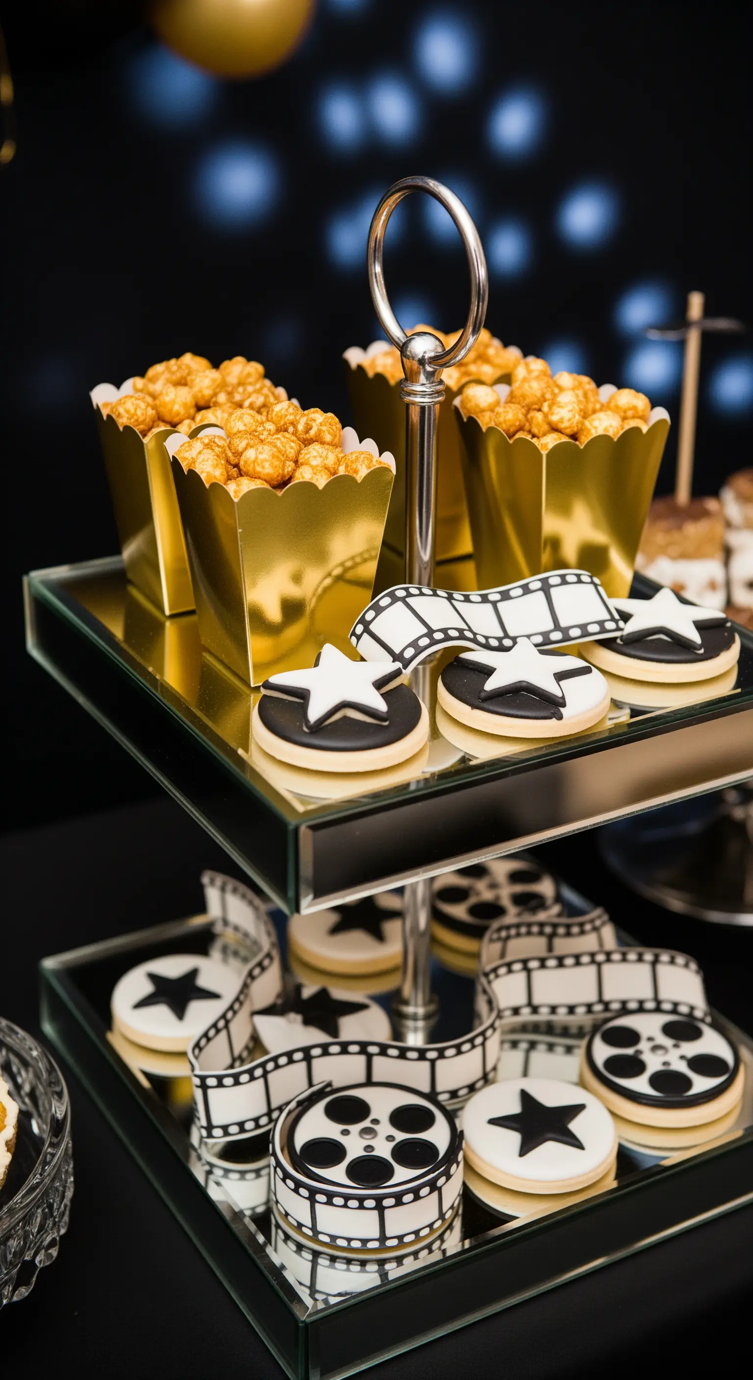 Verspiegelte Etagere mit Keksen in Form von Filmrollen und Sternen.