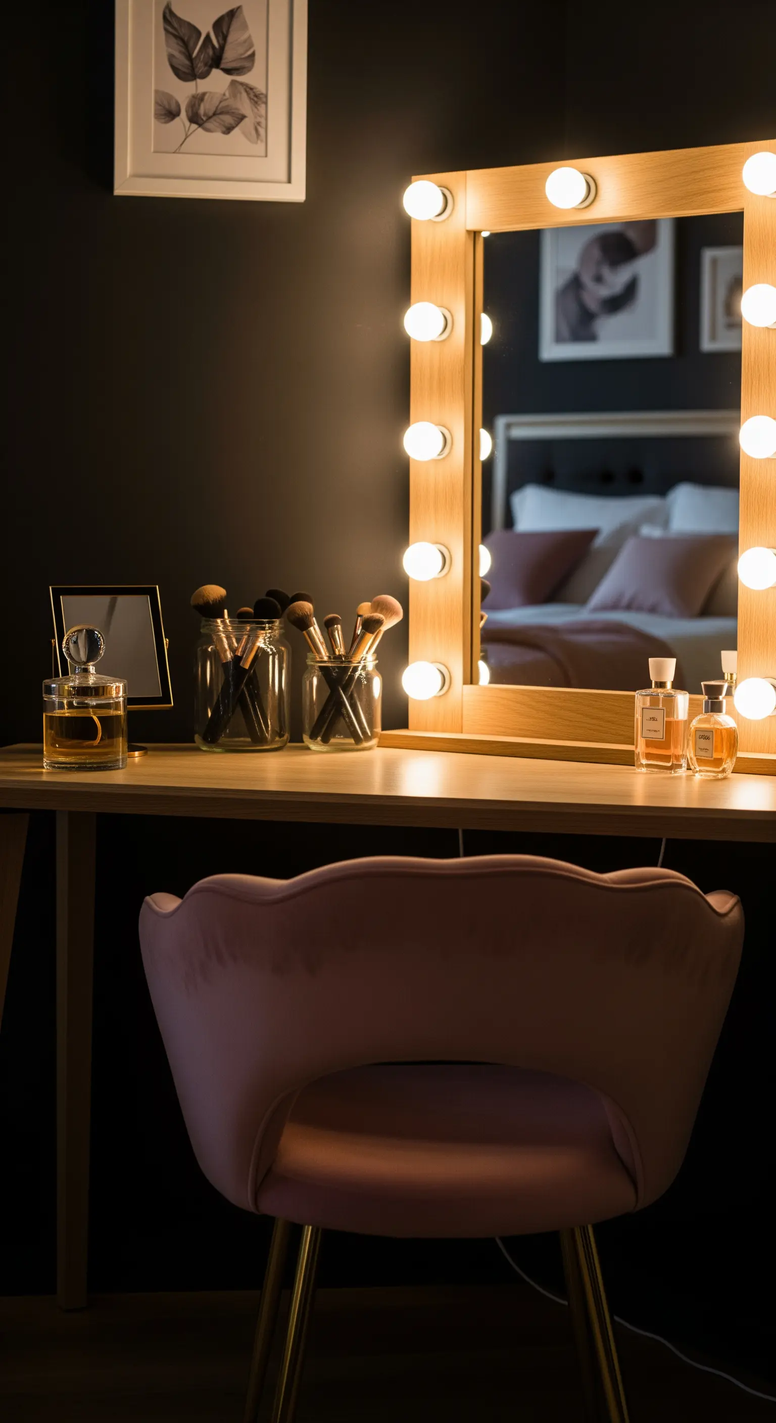 Ein Schminktisch mit einem Hollywood-Spiegel, der von großen, warmen Glühbirnen umrahmt ist.