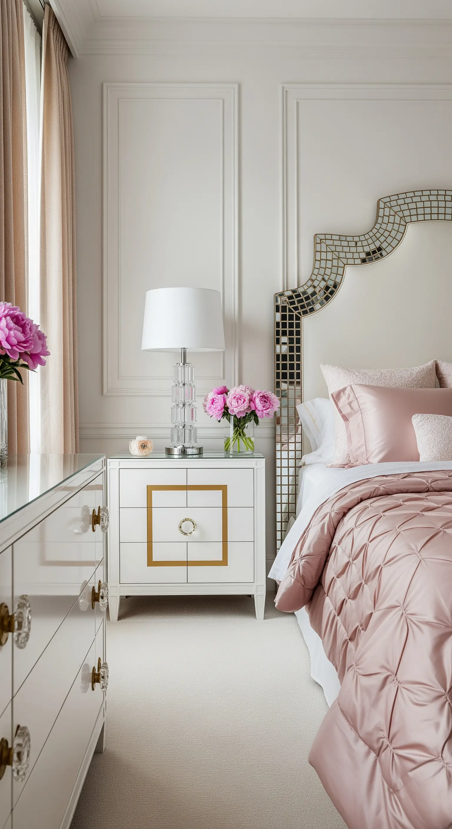 Glamouröses Schlafzimmer mit verspiegeltem Kopfteil, weißen Hochglanzmöbeln und rosa Seidenbettwäsche.