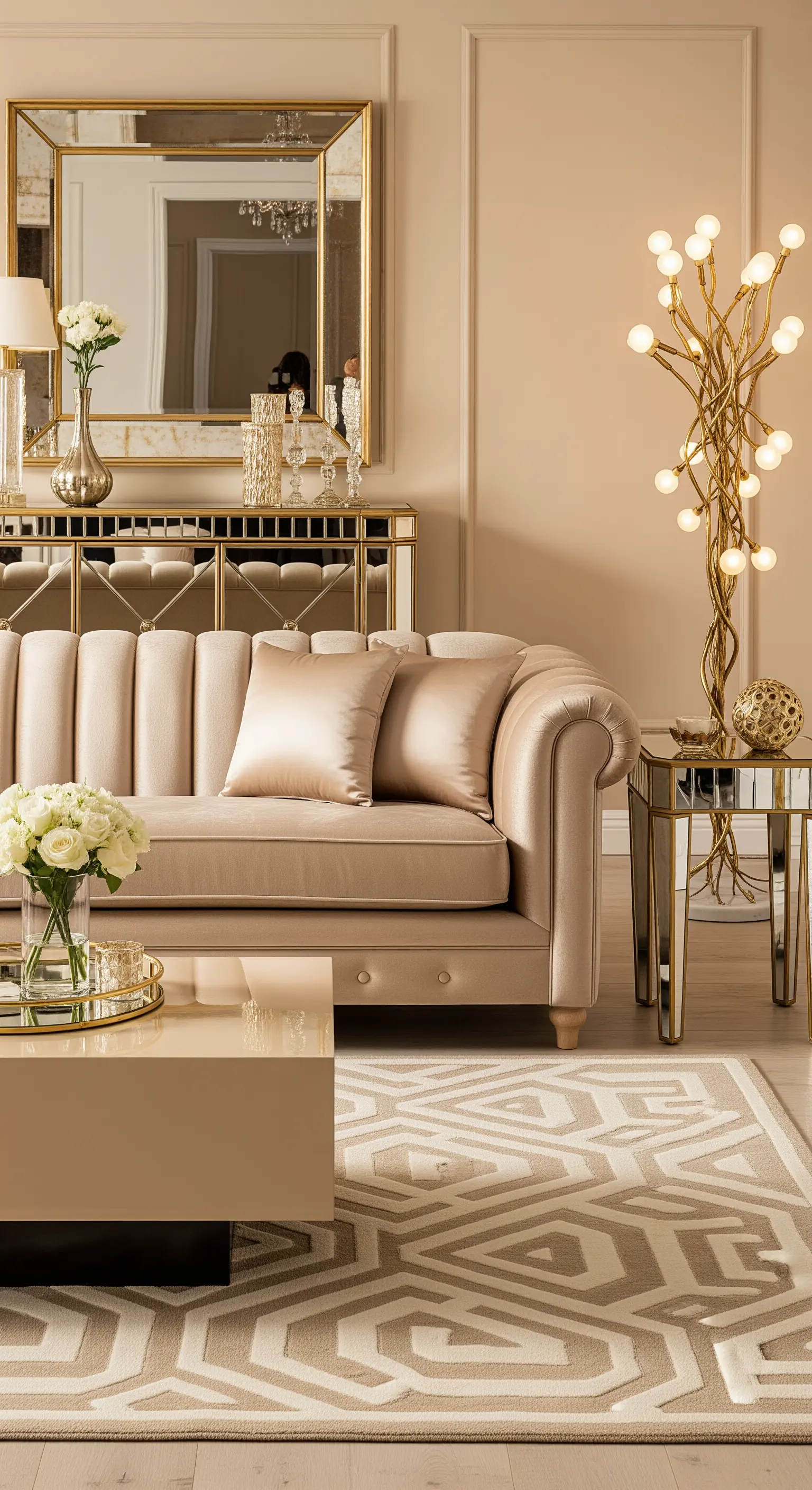 Glamouröses beiges Wohnzimmer mit goldenen Möbeln, Spiegeln und Samtsofa.