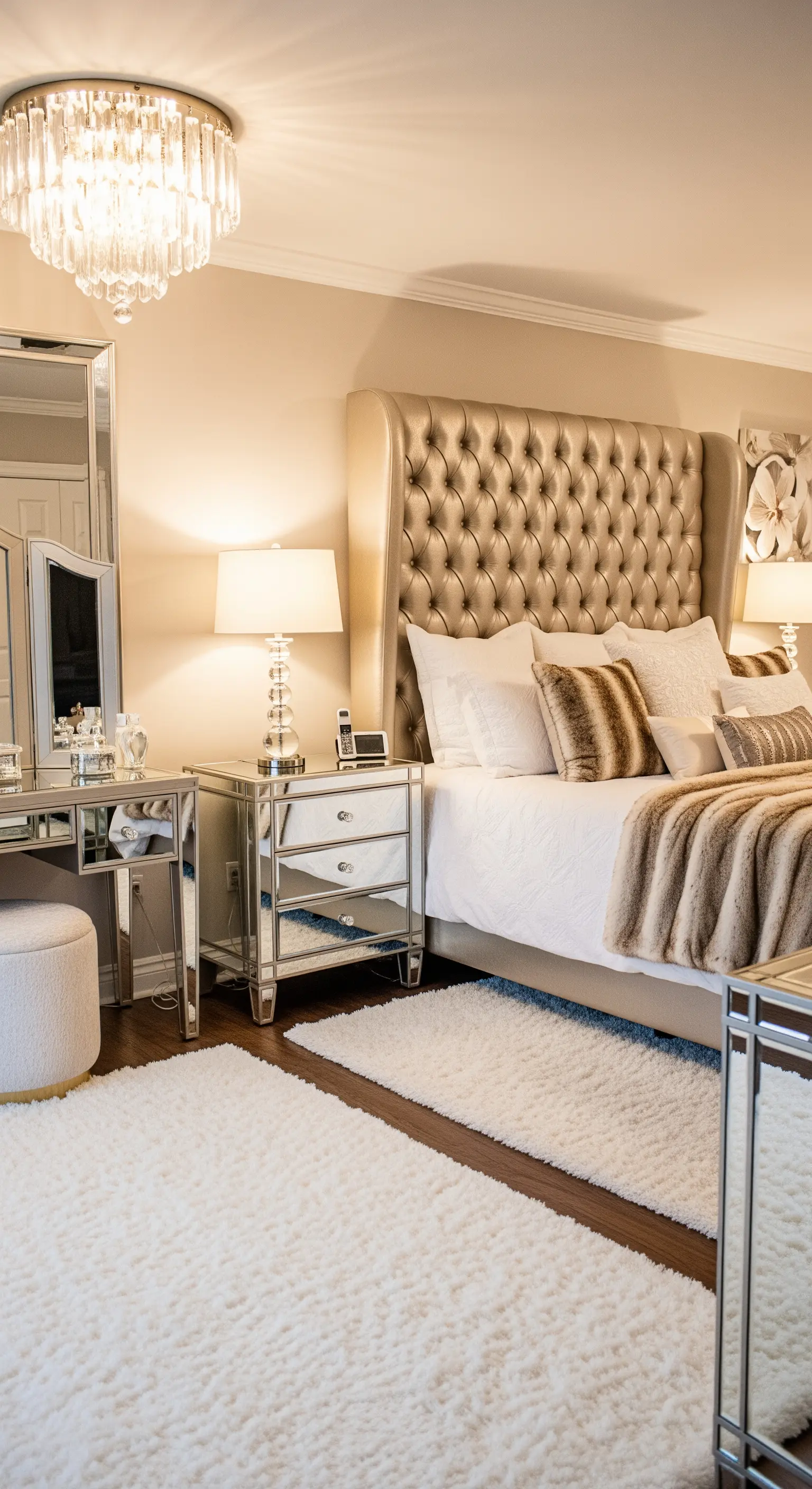 Glamouröses Schlafzimmer mit Spiegelmöbeln, Satinkopfteil und Kunstpelzdecke.