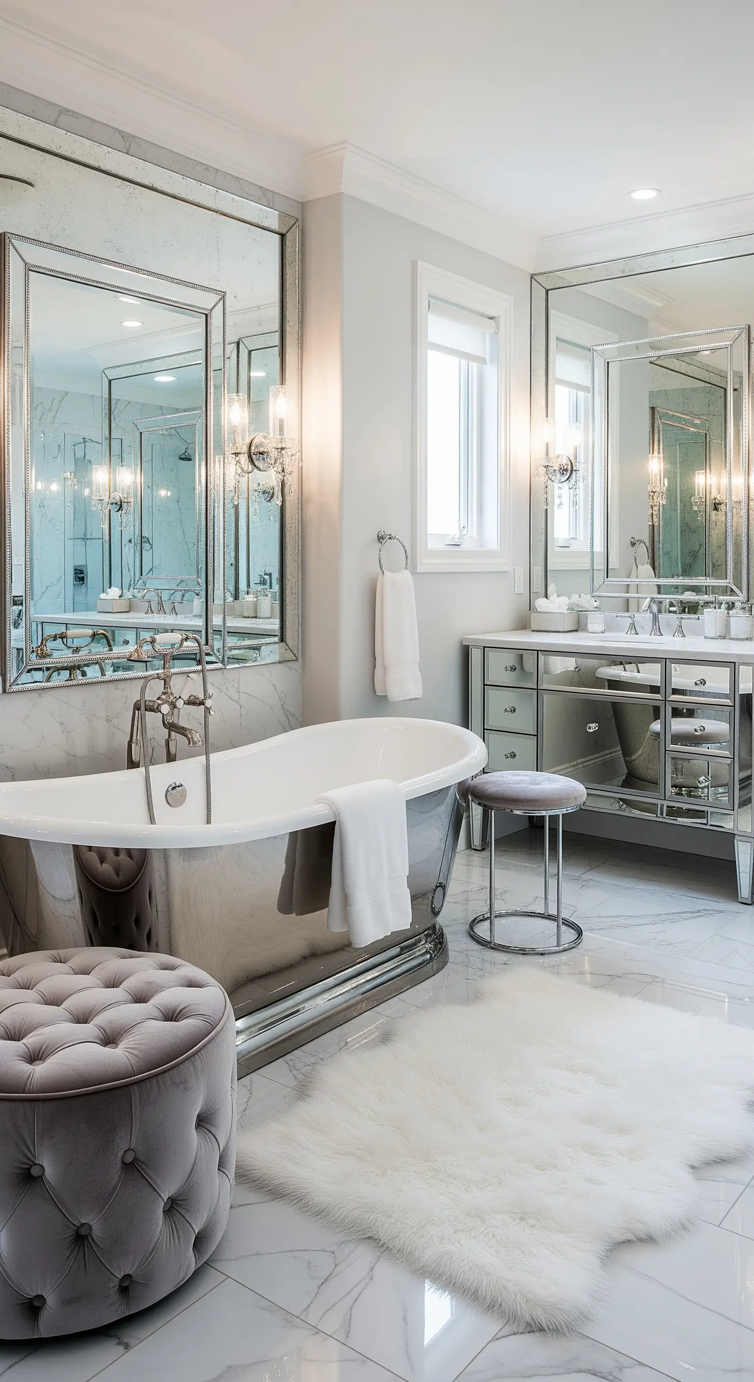 Silberne freistehende Badewanne in einem glamourösen Badezimmer mit Spiegelschränken und Samthockern.