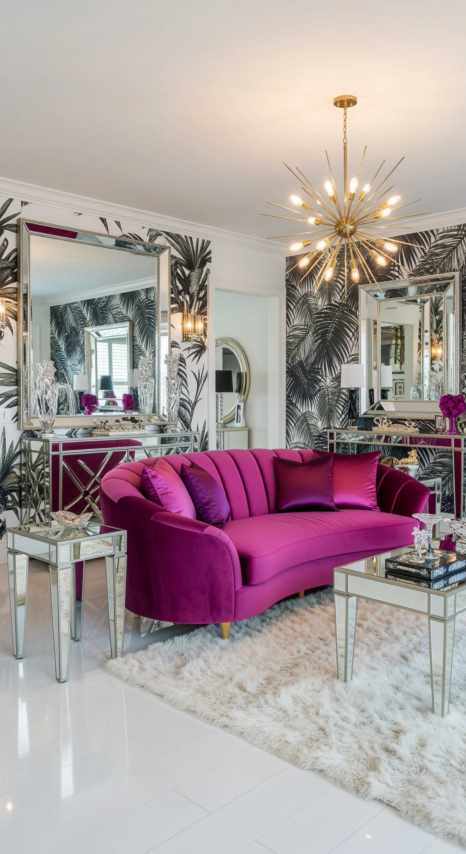 Magenta Samtsofa in einem glamourösen Raum mit Spiegelmöbeln und tropischer Tapete.