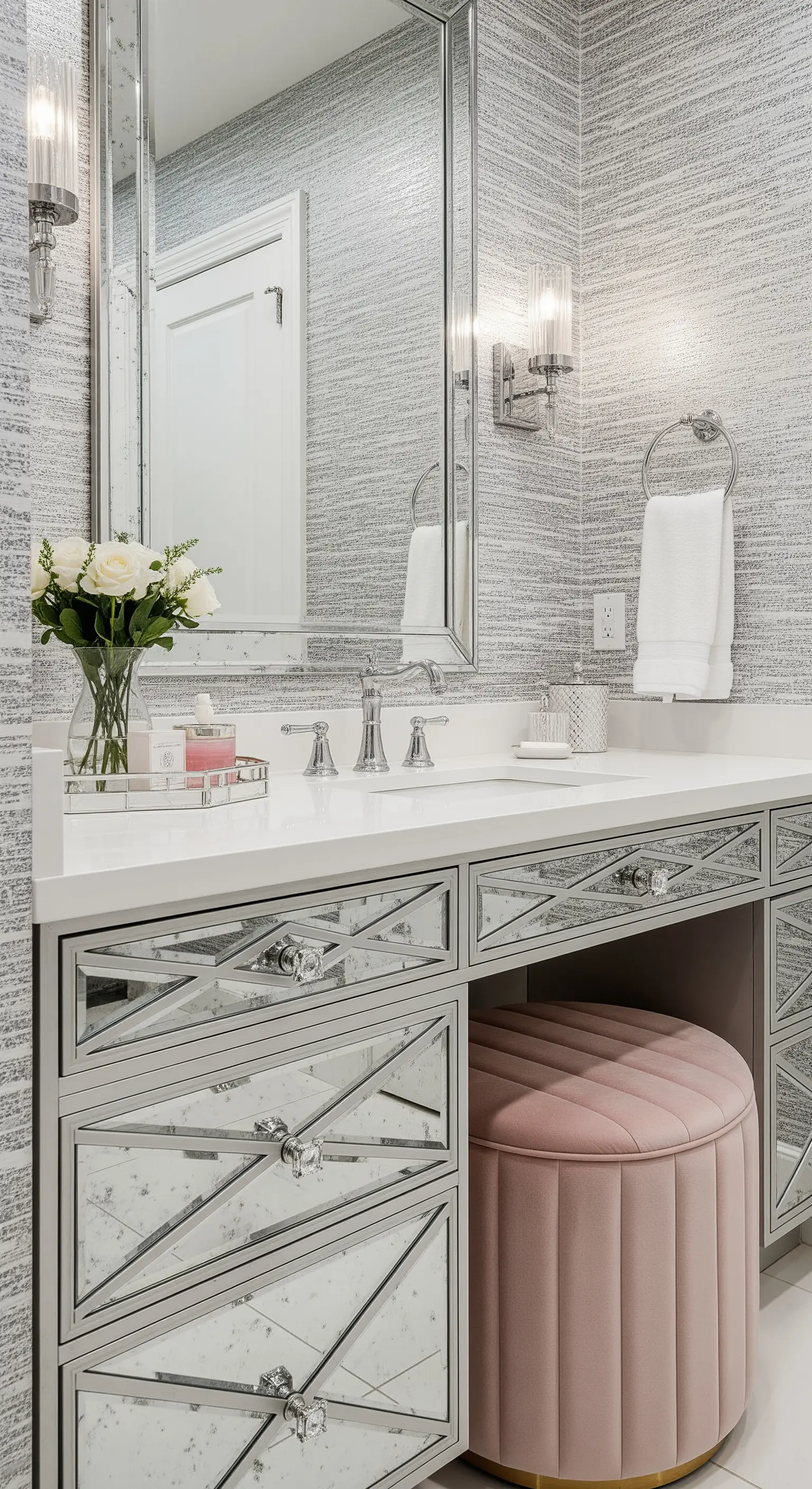 Verspiegelter Waschtisch mit Kristallgriffen und einem rosa Samthocker.