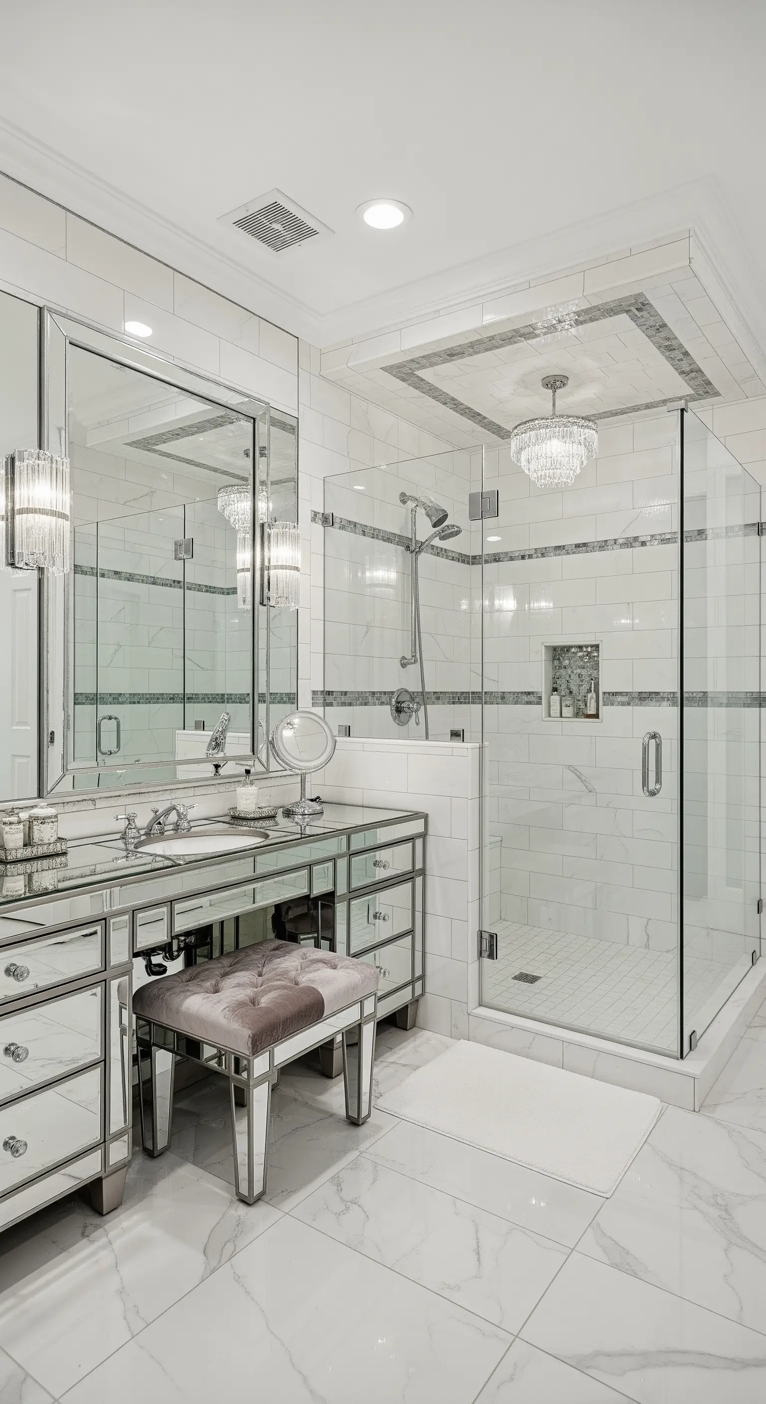 Elegantes Badezimmer mit einem verspiegelten Schminktisch und Kristallleuchter in der Dusche