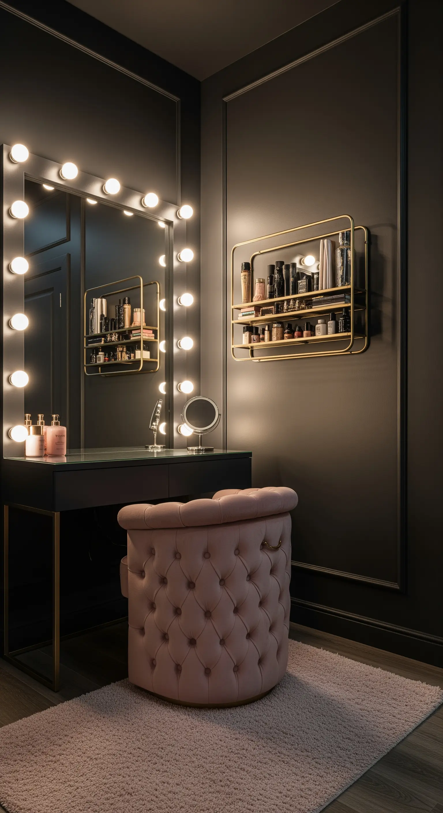 Dunkelgrauer Schminkbereich mit einem Spiegel mit Glühbirnen und einem rosa Samthocker