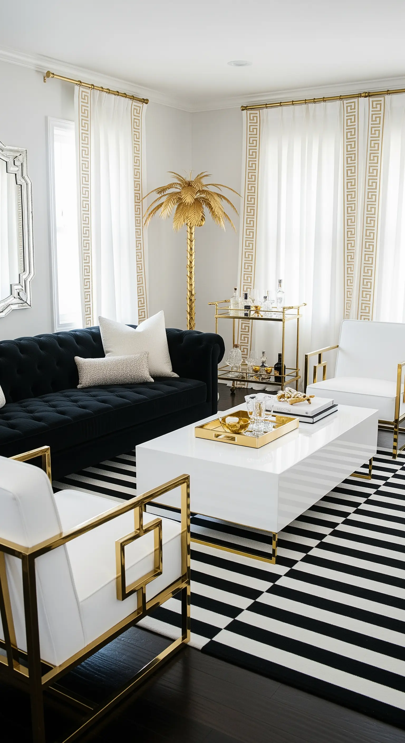 Hollywood-Regency-Wohnzimmer mit schwarz-weißem Teppich, weißen Sesseln mit Goldgestell und goldenem Barwagen.