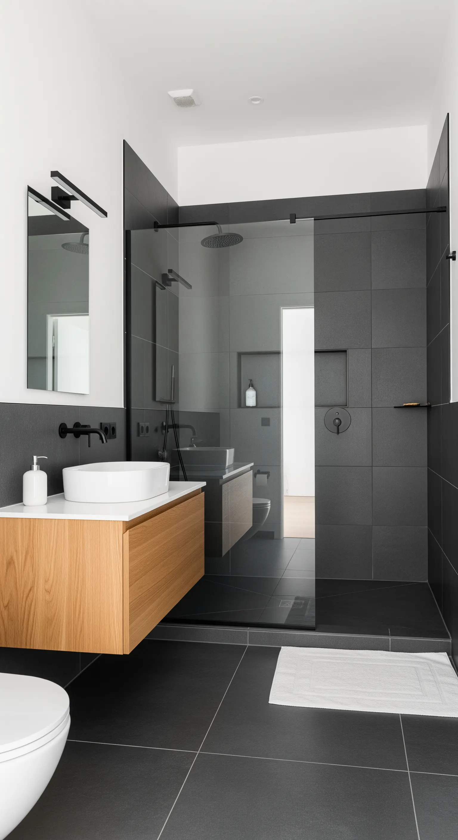 Badezimmer mit dunklen Fliesen, schwebendem Holzwaschtisch und schwarzen Armaturen.