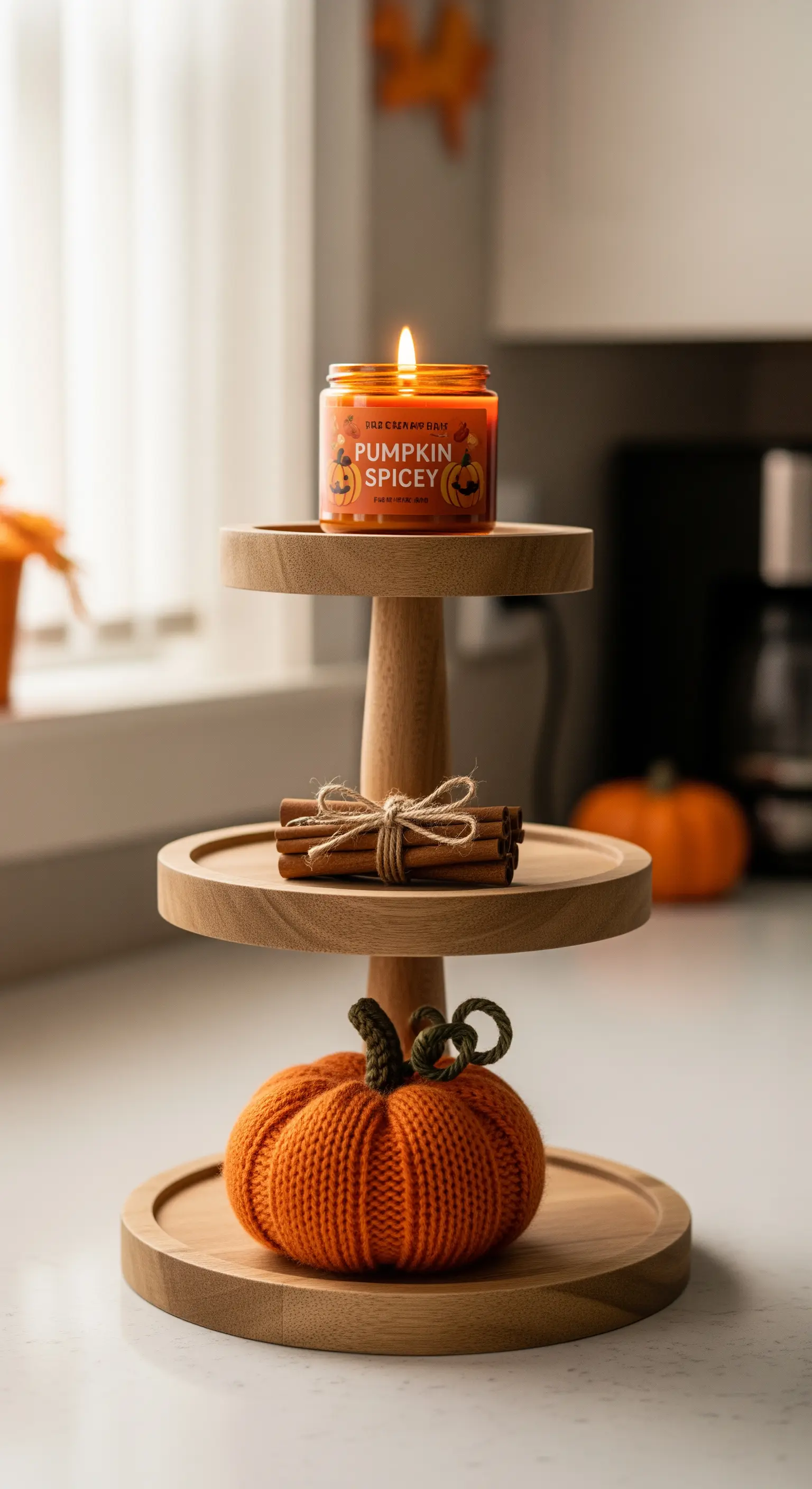 Holz-Etagere mit Strickkürbis, Zimtstangen, Kürbiskerze.
