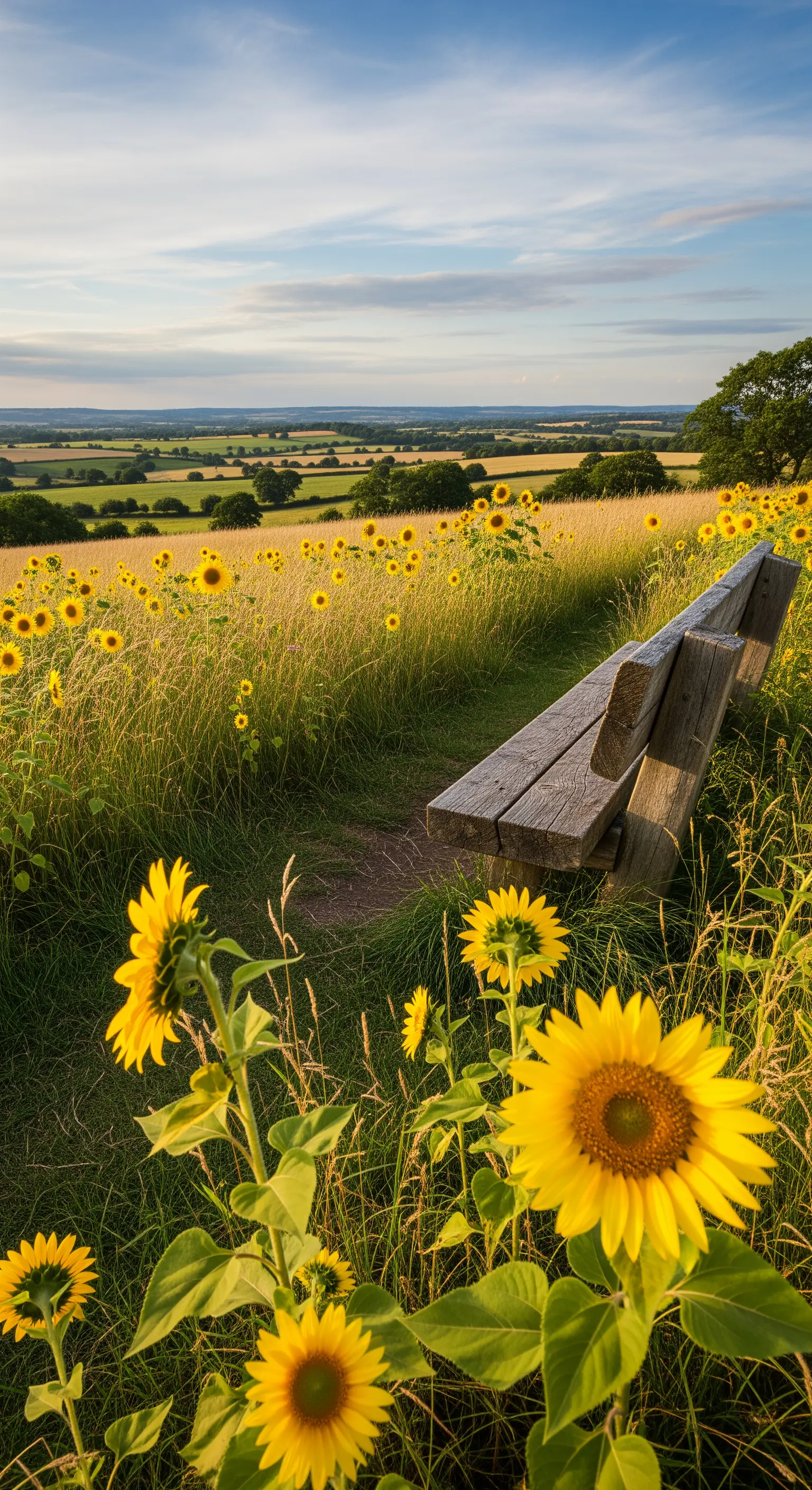 Rustikale Holzbank am Rande eines Sonnenblumenfeldes mit weitem Blick