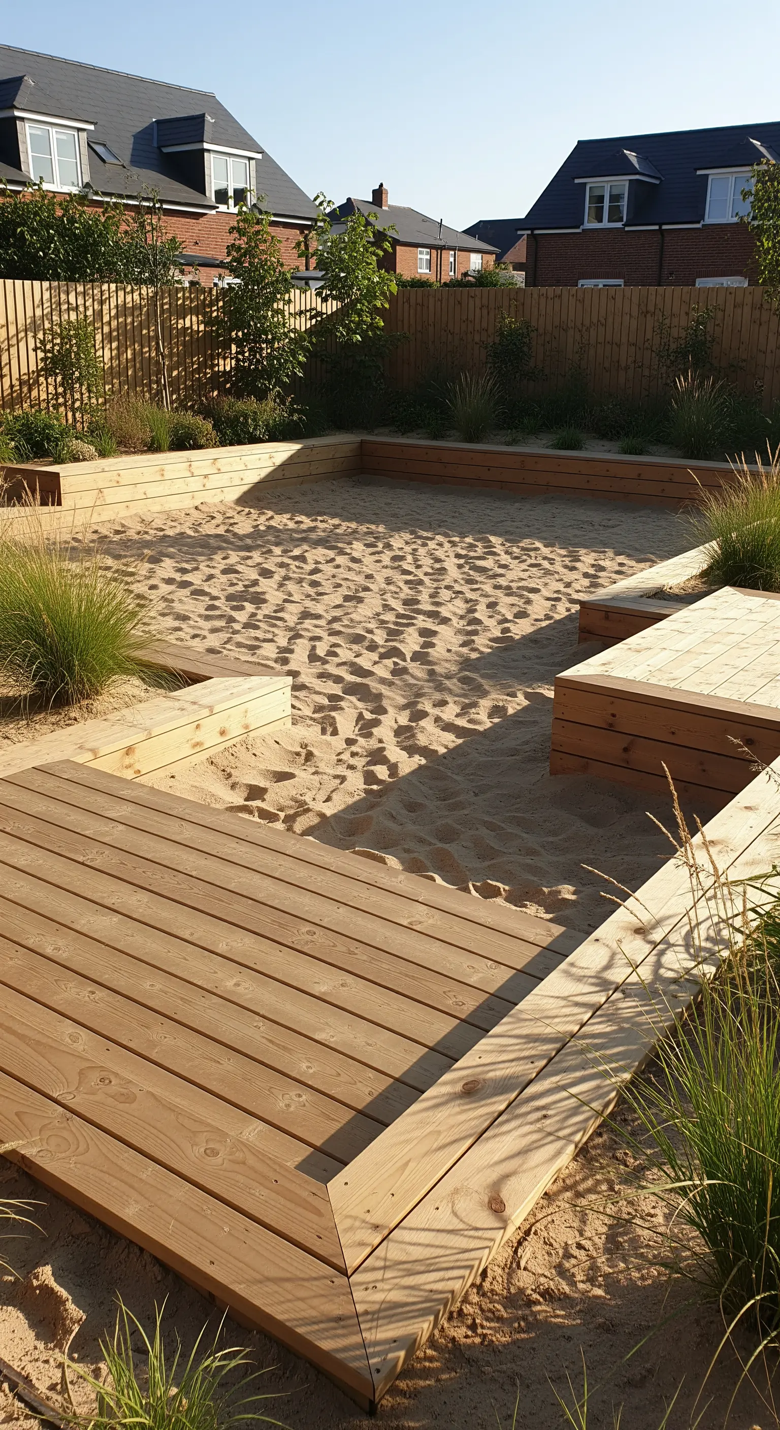 Japandi Holzdeck mit integrierter Bank und Sandfläche