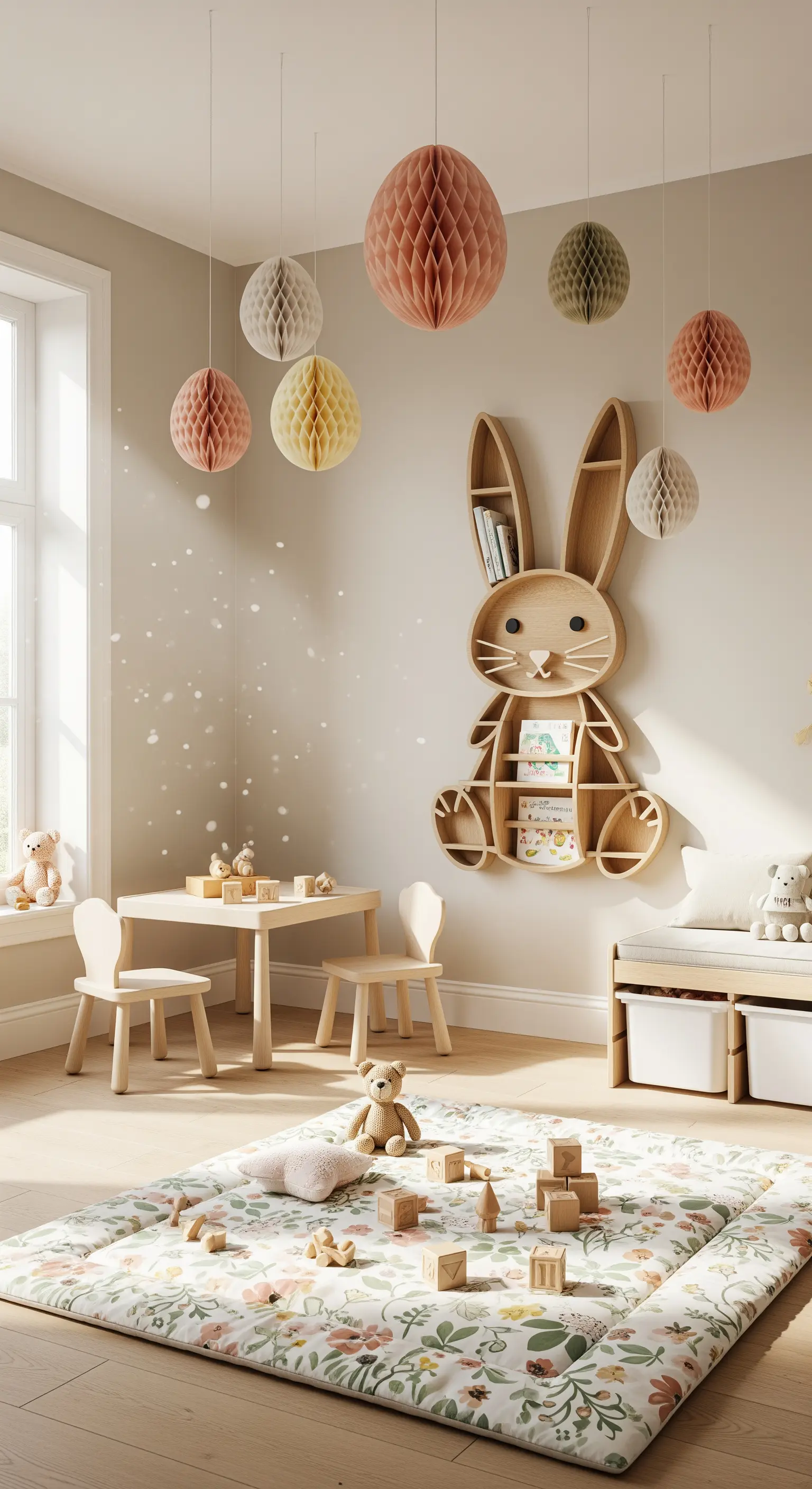 Bunny-shaped bookshelf, honeycomb lanterns, and wooden toys in a child's room.