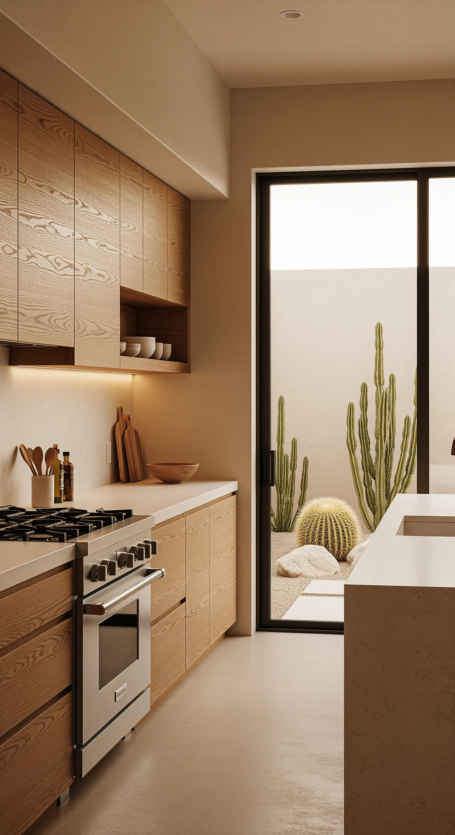 Küche mit horizontal gemaserten Holzfronten und Blick auf einen Wüstengarten