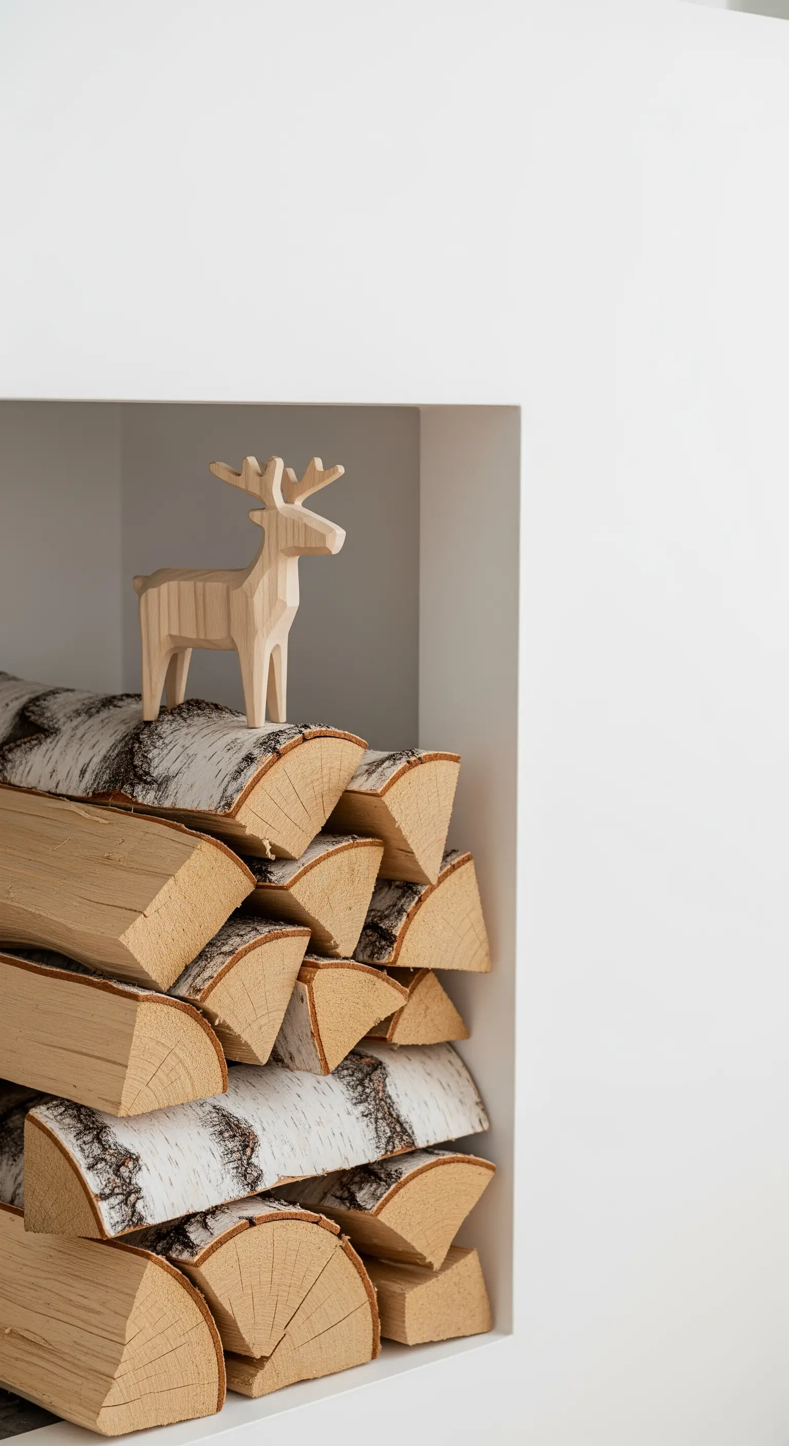 Holzstapel-Nische mit geschnitztem Holzrentier als Dekoration