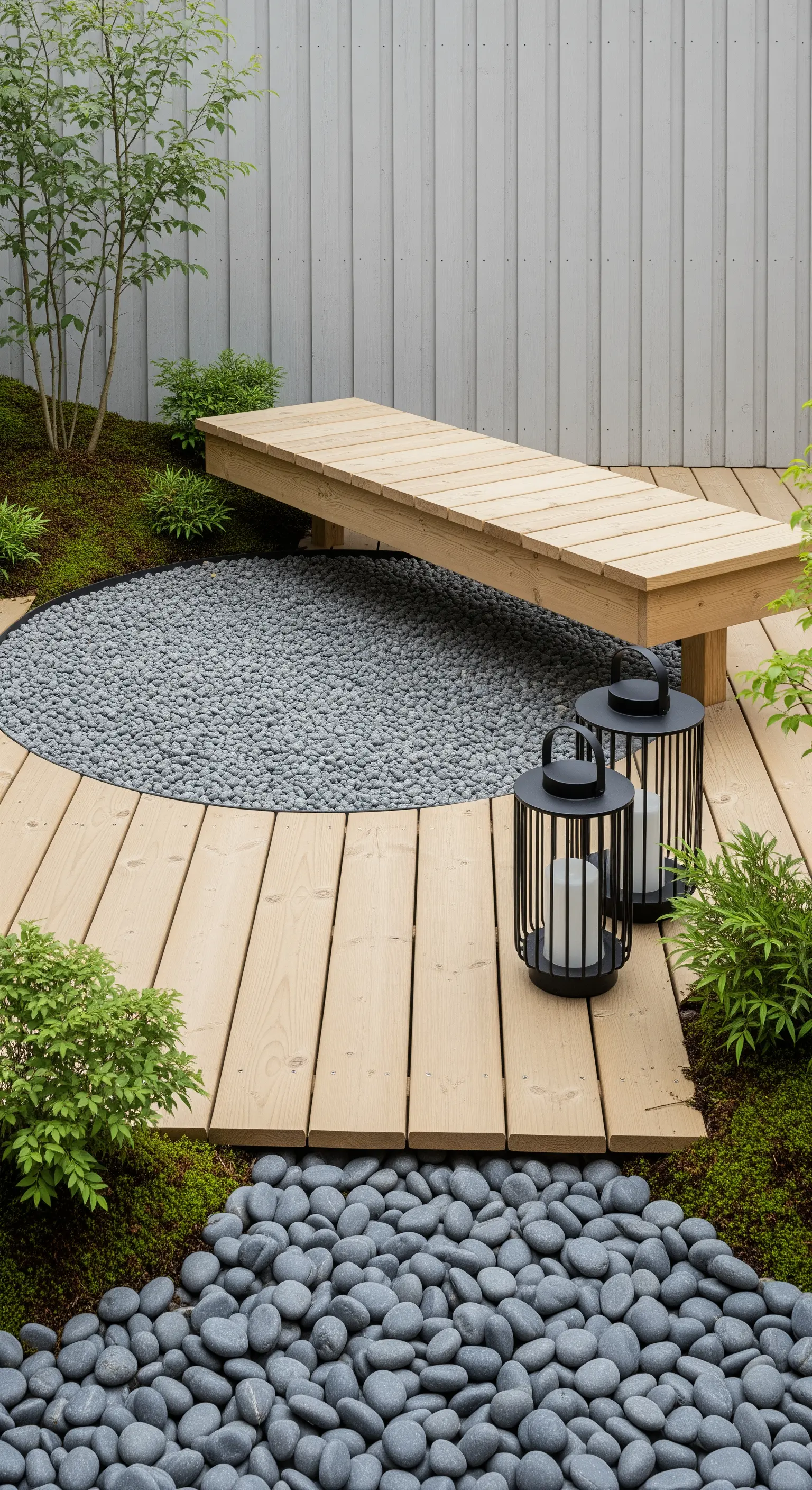 Holzterrasse, Kies, schwarze Laternen und kleine Pflanzen