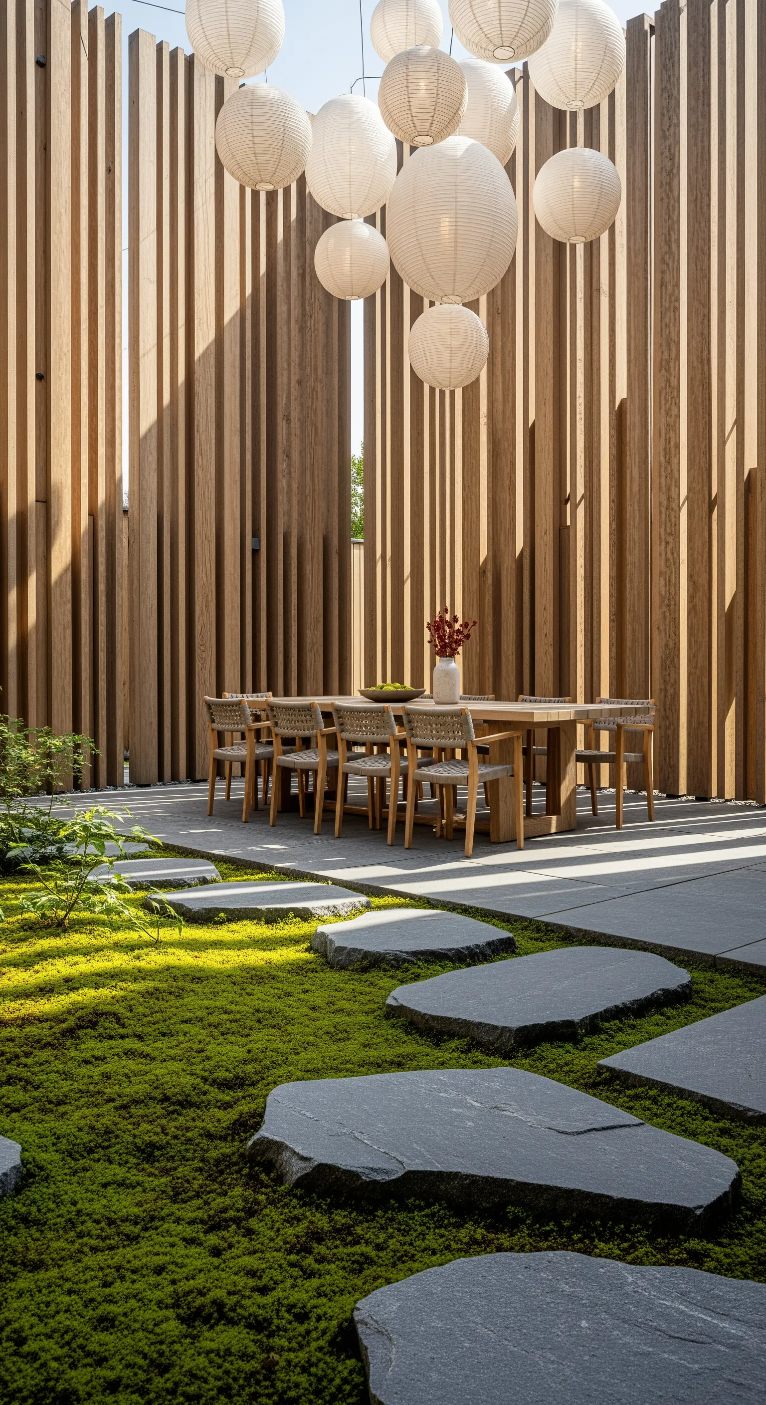 Holzlattenwand, weiße Papierlaternen, Japandi Essbereich, Moos
