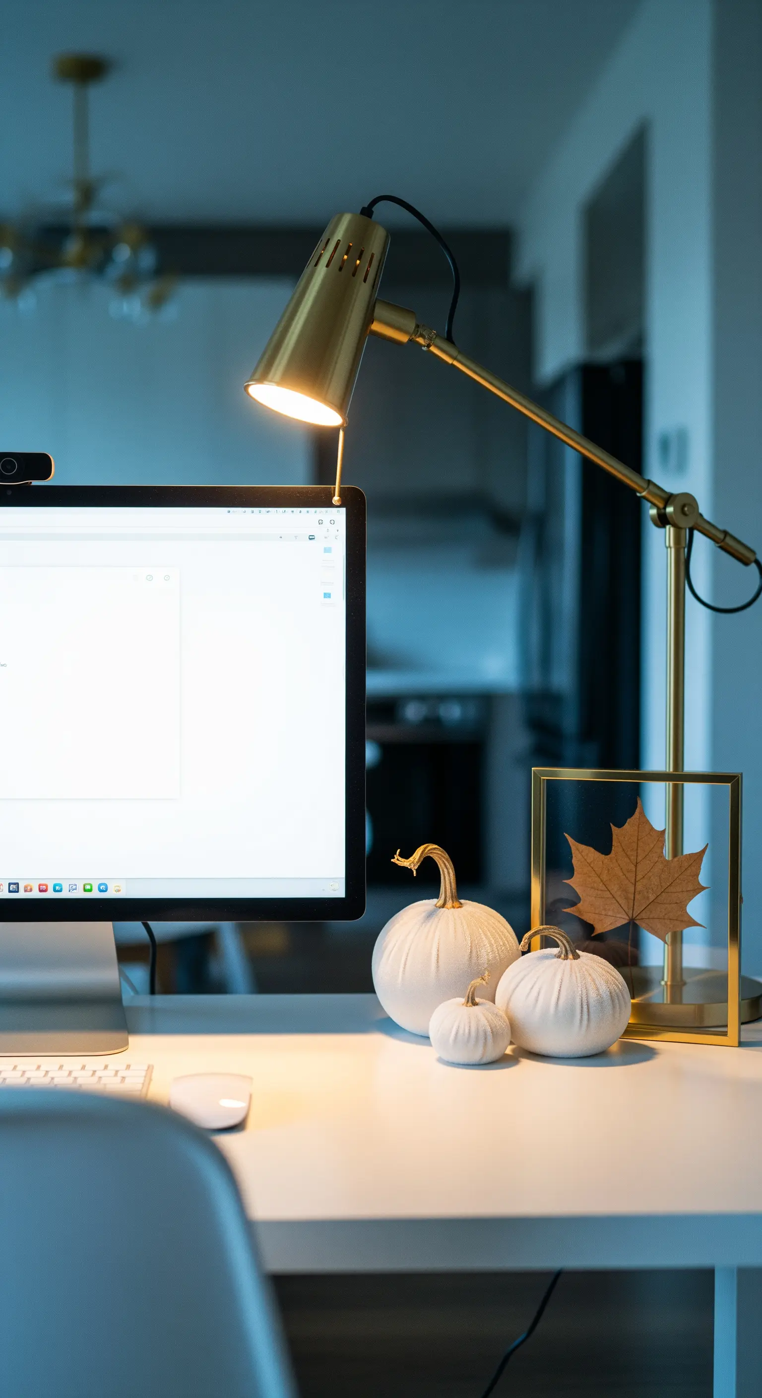 Minimalistisches Homeoffice mit weißen Kürbissen, Goldrahmen und Schreibtischlampe