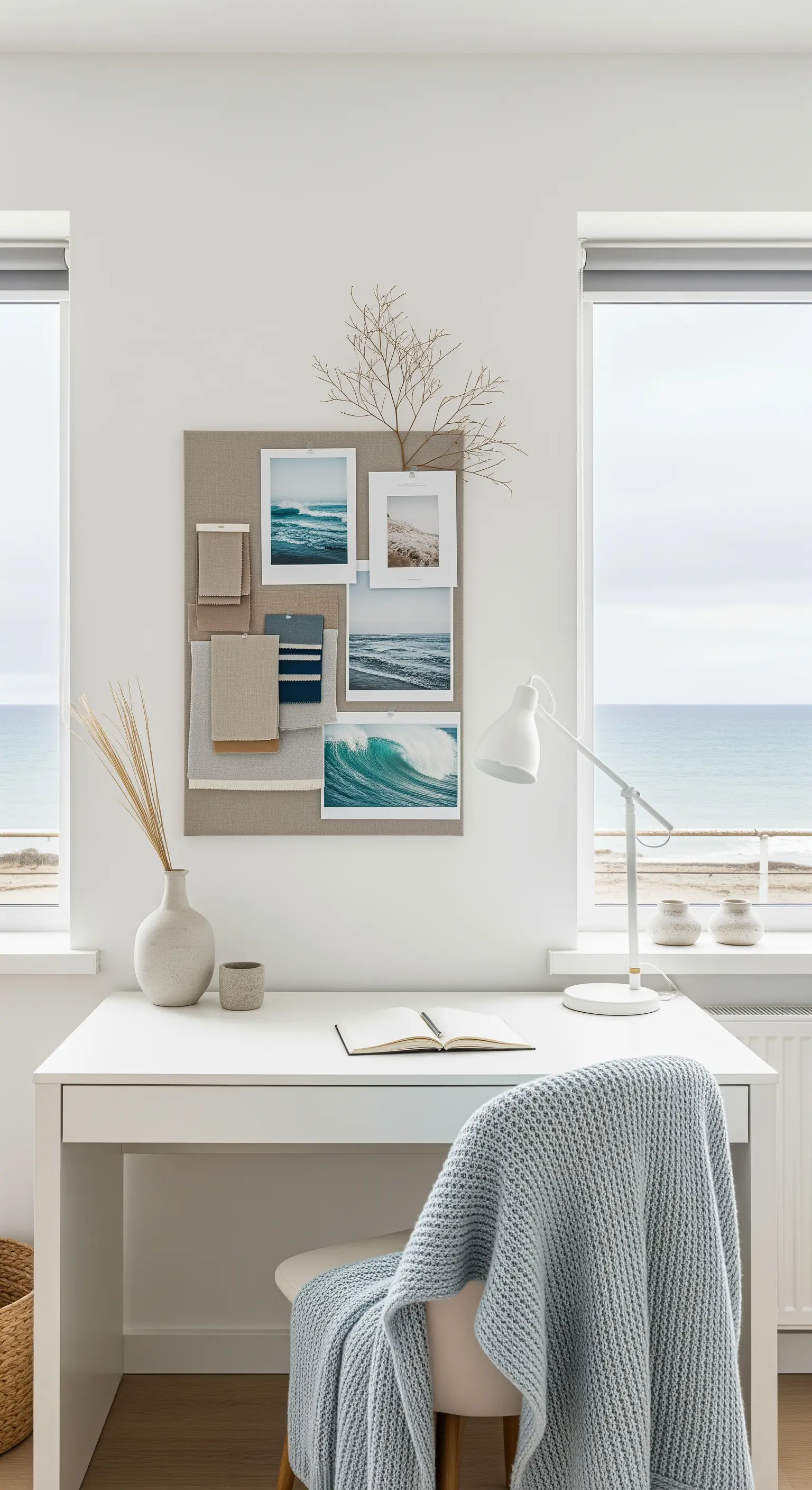 Meerblick-Moodboard, Homeoffice, hellblaues Plaid