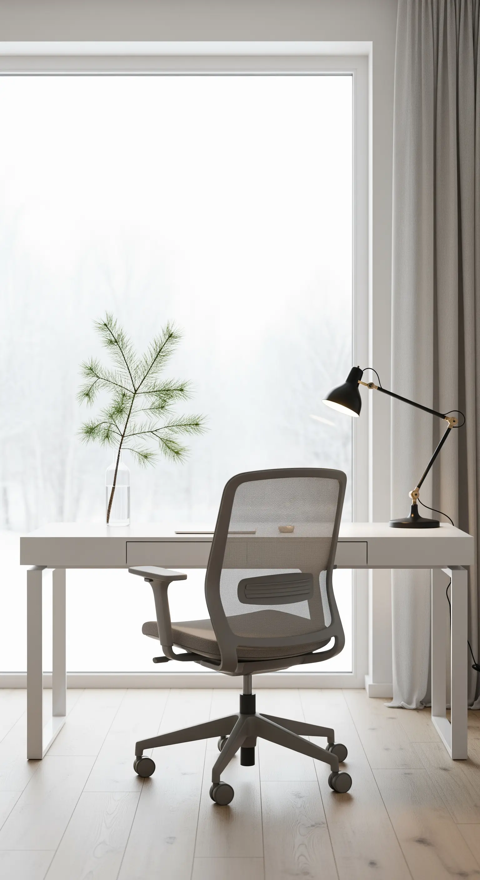 Minimalistisches Homeoffice mit weißem Schreibtisch, Kiefernzweig und Blick auf Schnee.