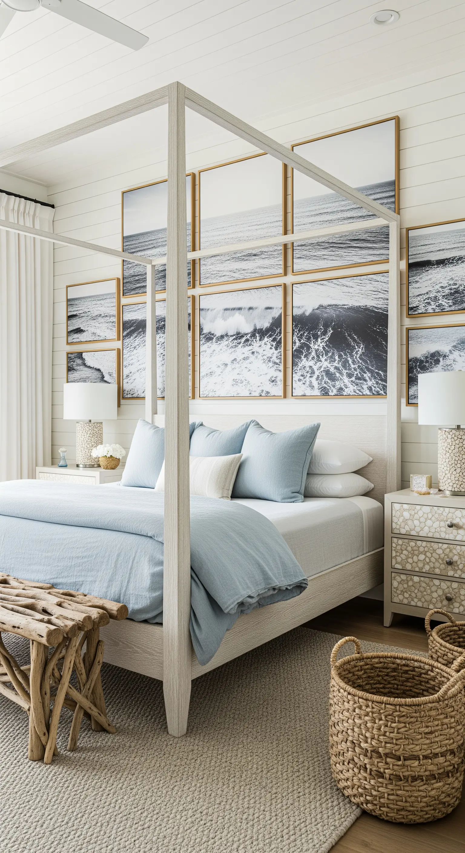 Küstenschlafzimmer mit Himmelbett und einer Wandgalerie aus Meeresfotografien.